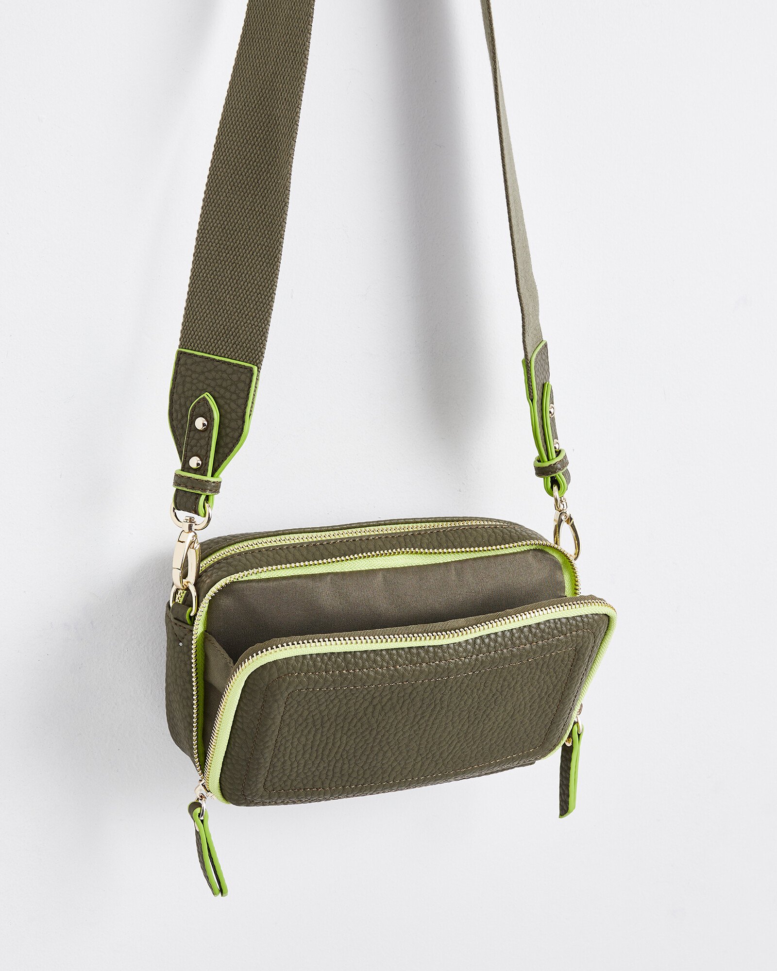 Simen Neon Khaki Green Wide Strap Crossbody Bag | Oliver Bonas