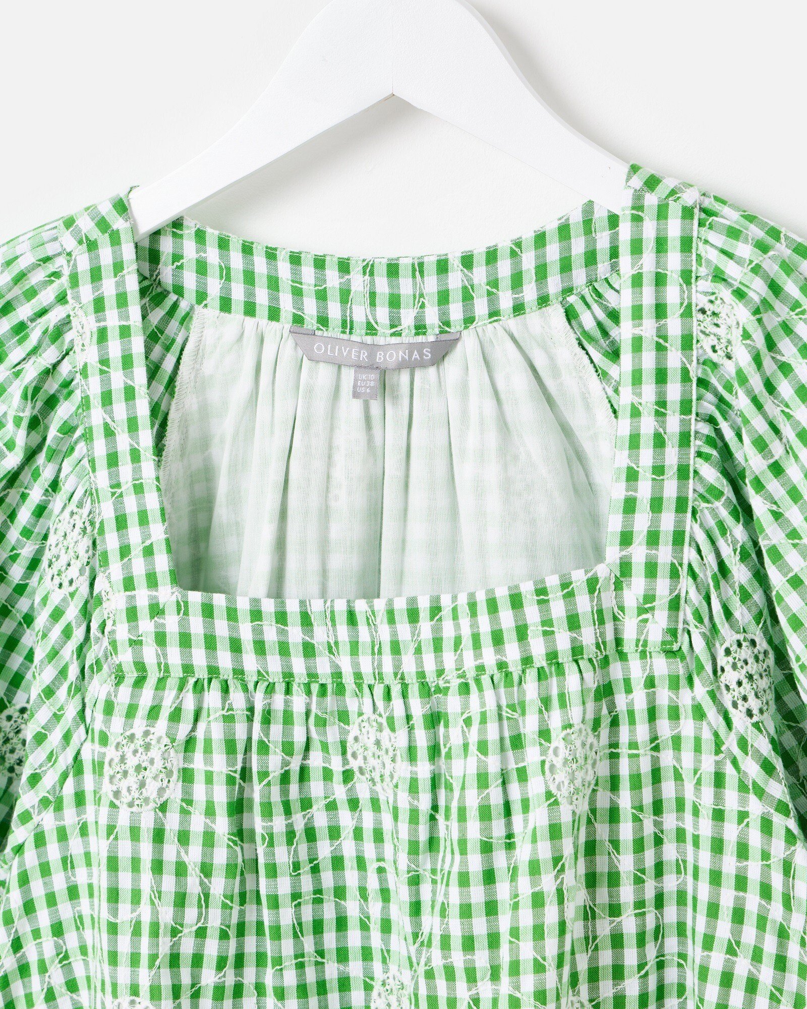Green Gingham Daisy Embroidered Cotton Mini Dress | Oliver Bonas