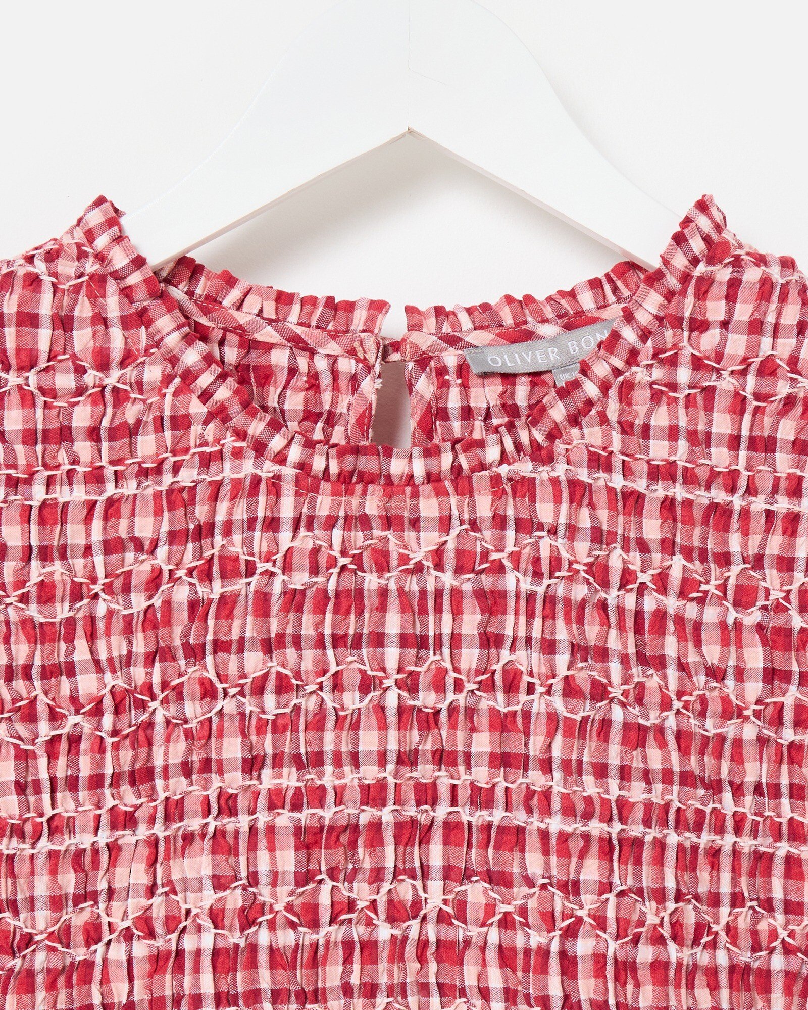 Red Gingham Shirred Bodice Puff Sleeve Midi Dress | Oliver Bonas
