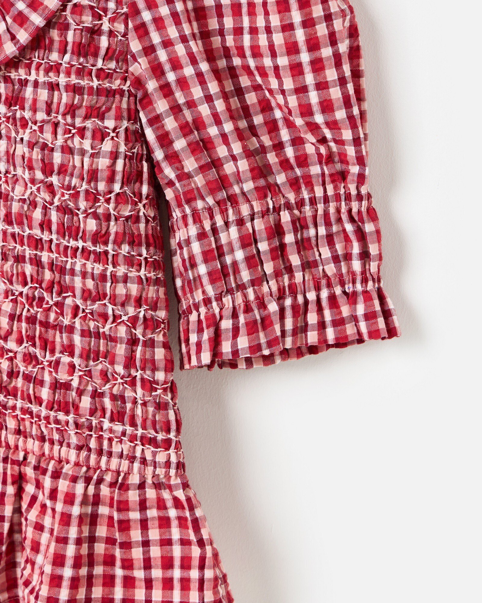 Red Gingham Shirred Puff Sleeve Collared Blouse | Oliver Bonas