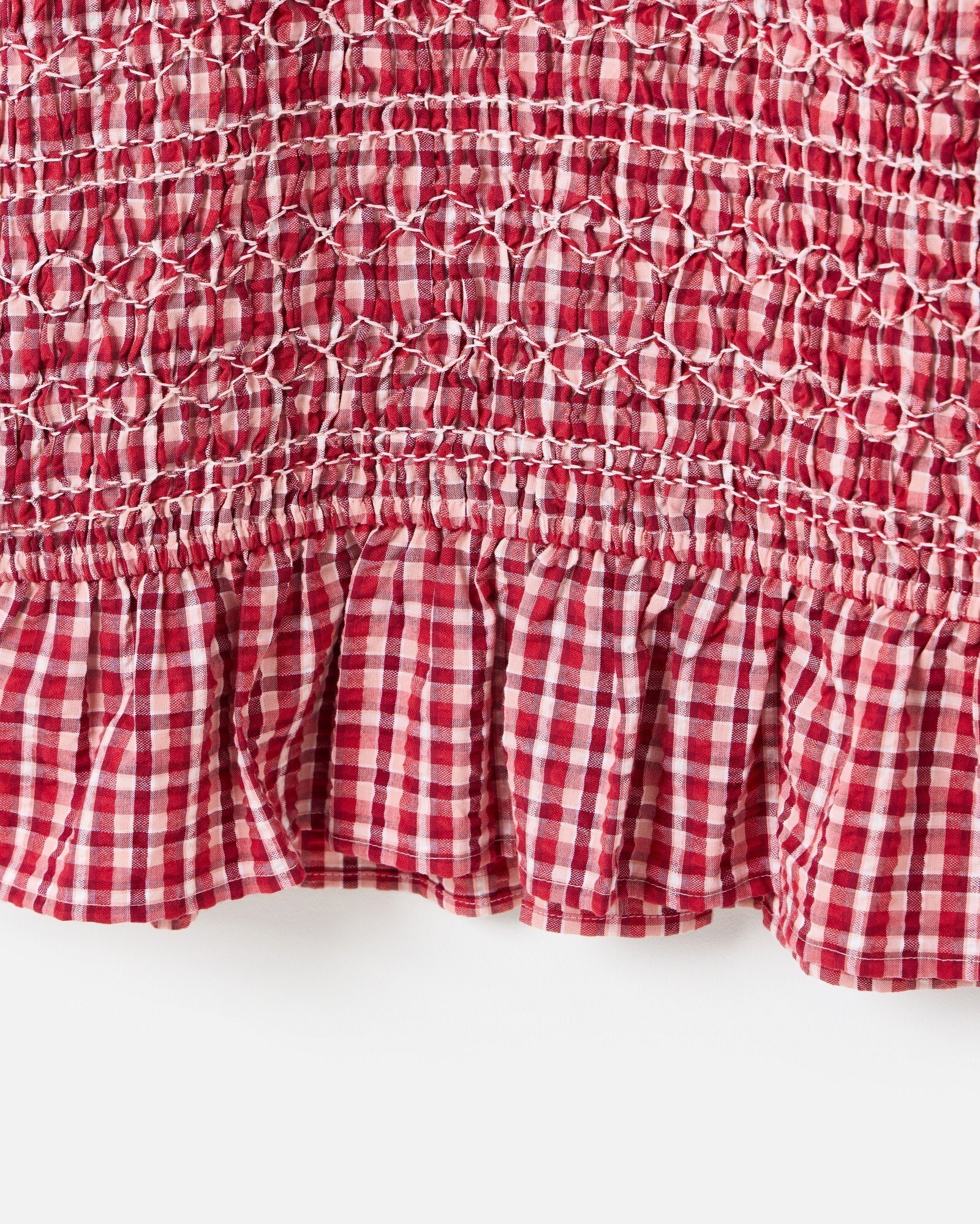 Red Gingham Shirred Puff Sleeve Collared Blouse | Oliver Bonas