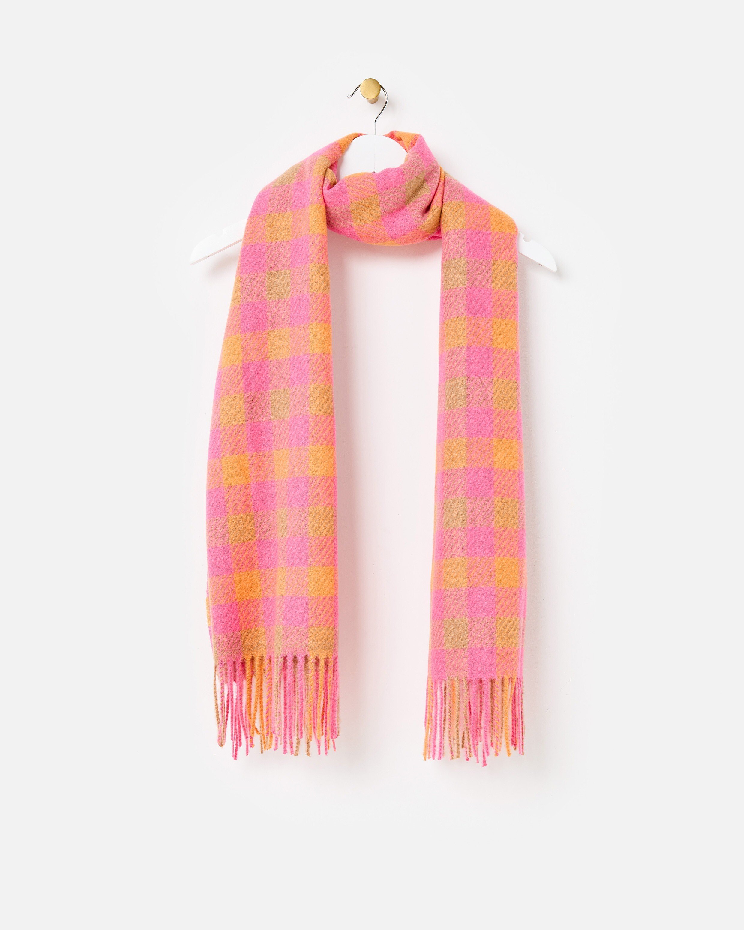 Pink & Orange Checked Midweight Tassel Scarf | Oliver Bonas
