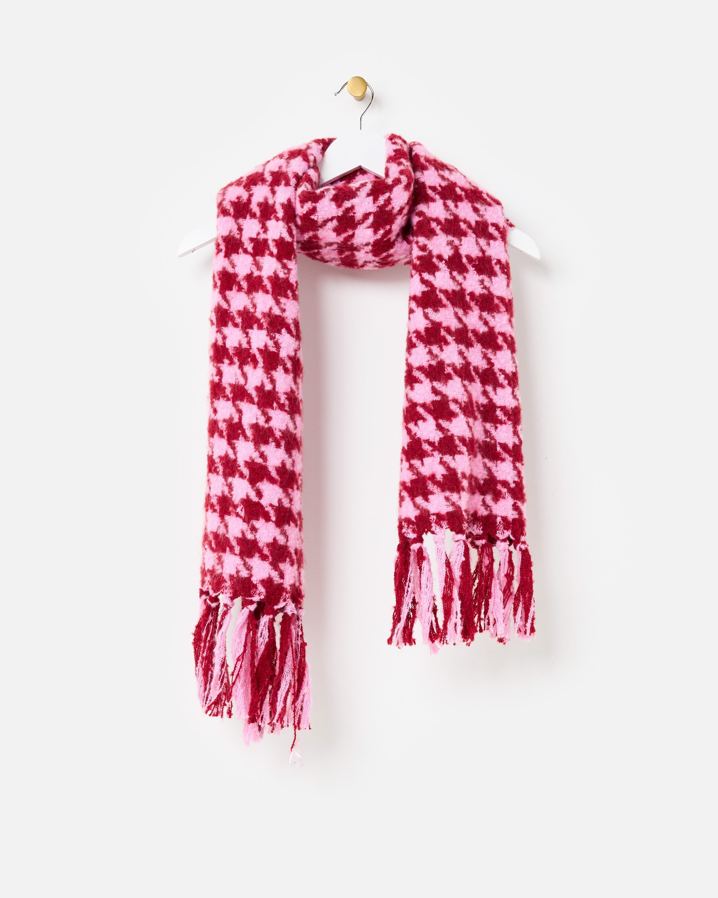 Burgundy & Pink Houndstooth Midweight Tassel Scarf | Oliver Bonas