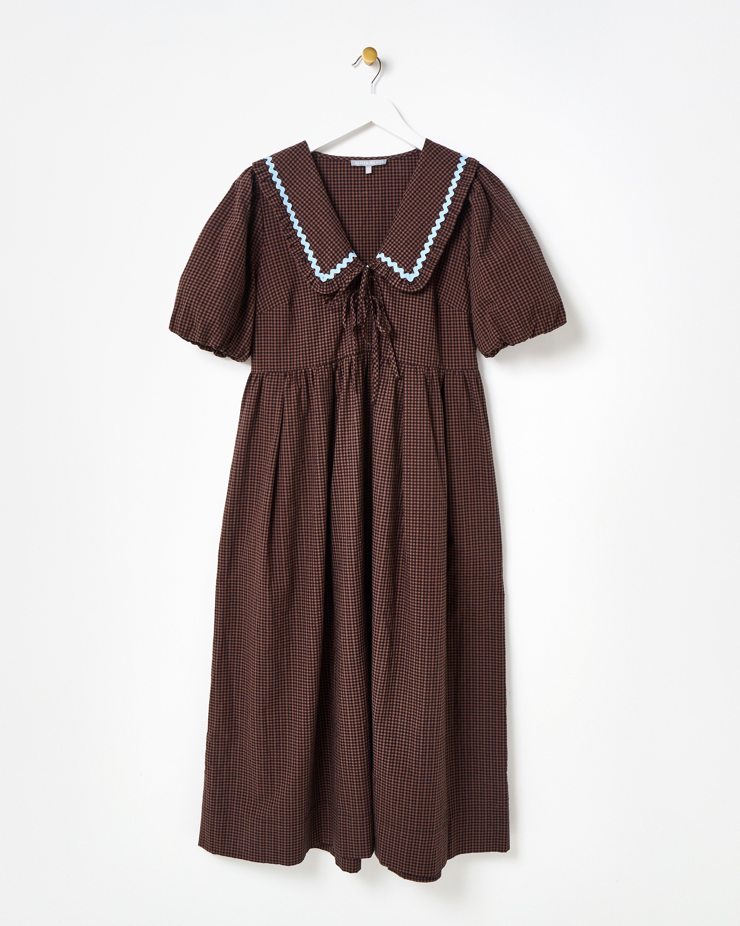 brown gingham dress with bows Chocolate Collar Cotton Midi line dry MD062124 Chiffon Bridesmaid Dress With Size:standard (ivory satin)