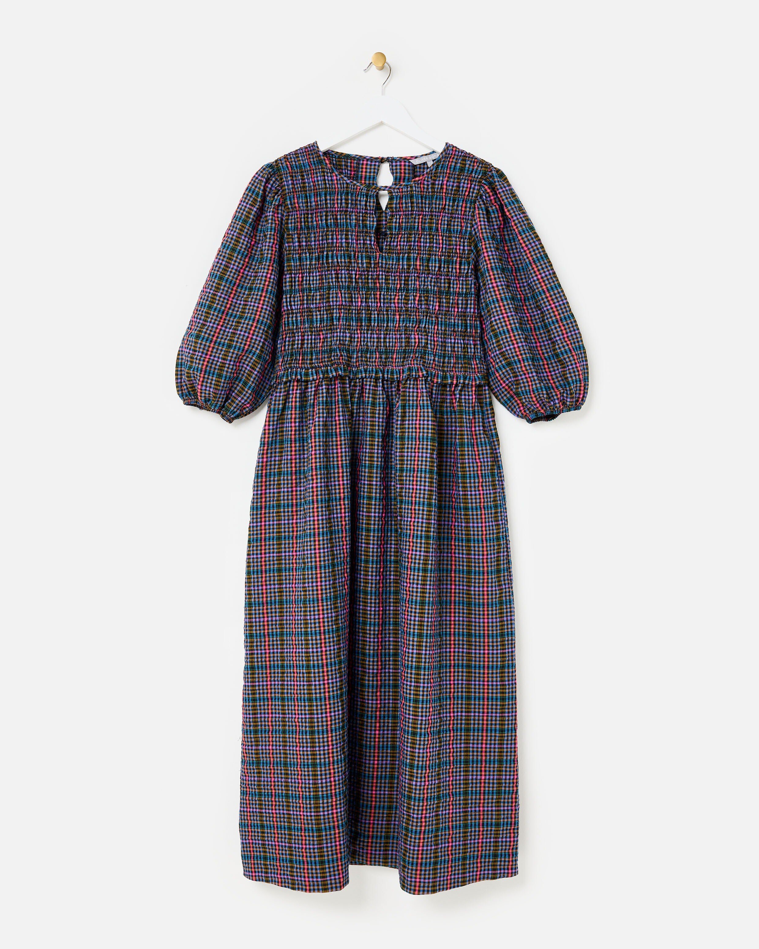 Black & Blue Checked Shirred Bodice Midi Smock Dress | Oliver Bonas