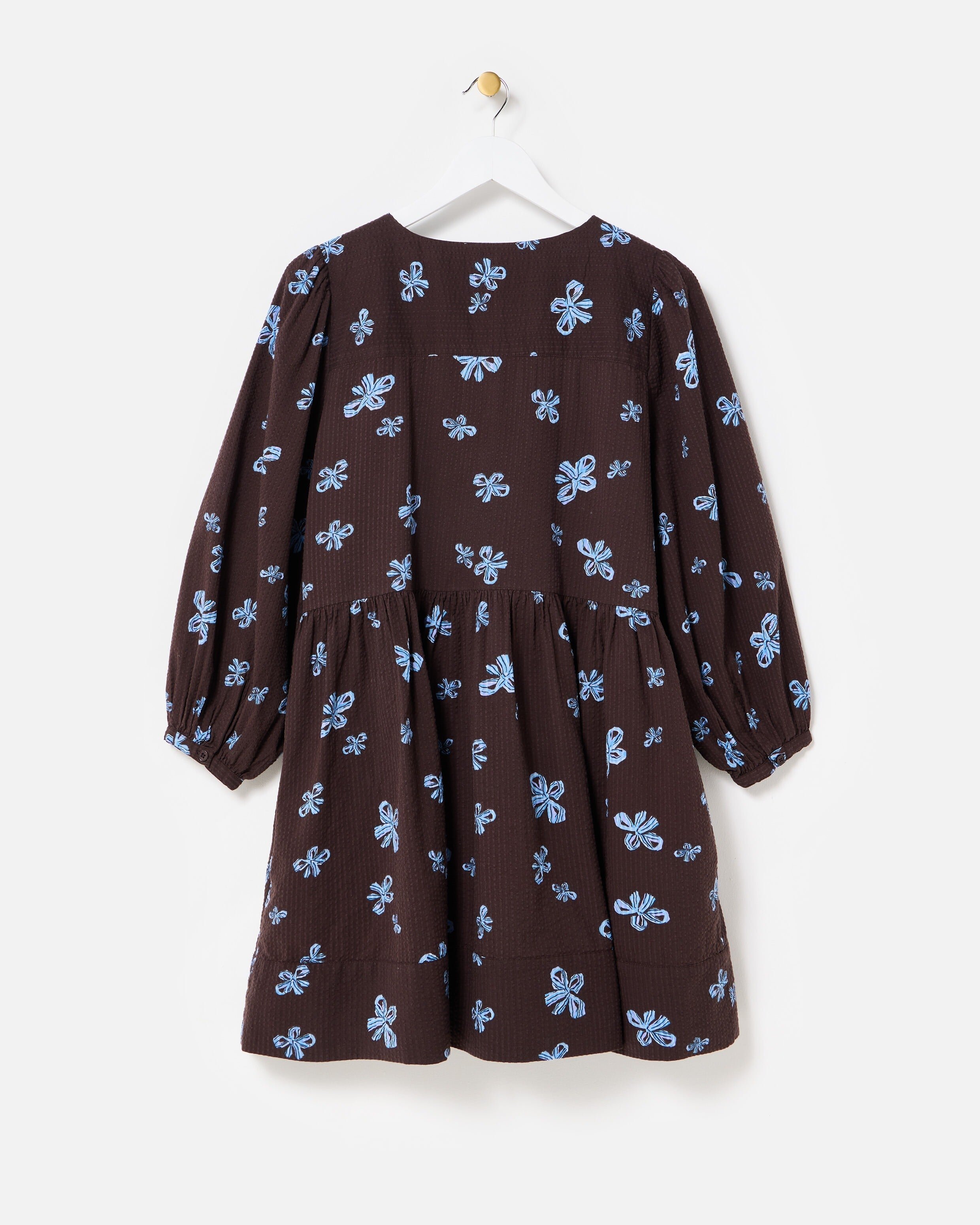blue and brown mini dress Chocolate & Bow Tie Front Snowcoming Dresses defined silhouette COLOR:Burnished Brown Yellow Flower Printed A-Line