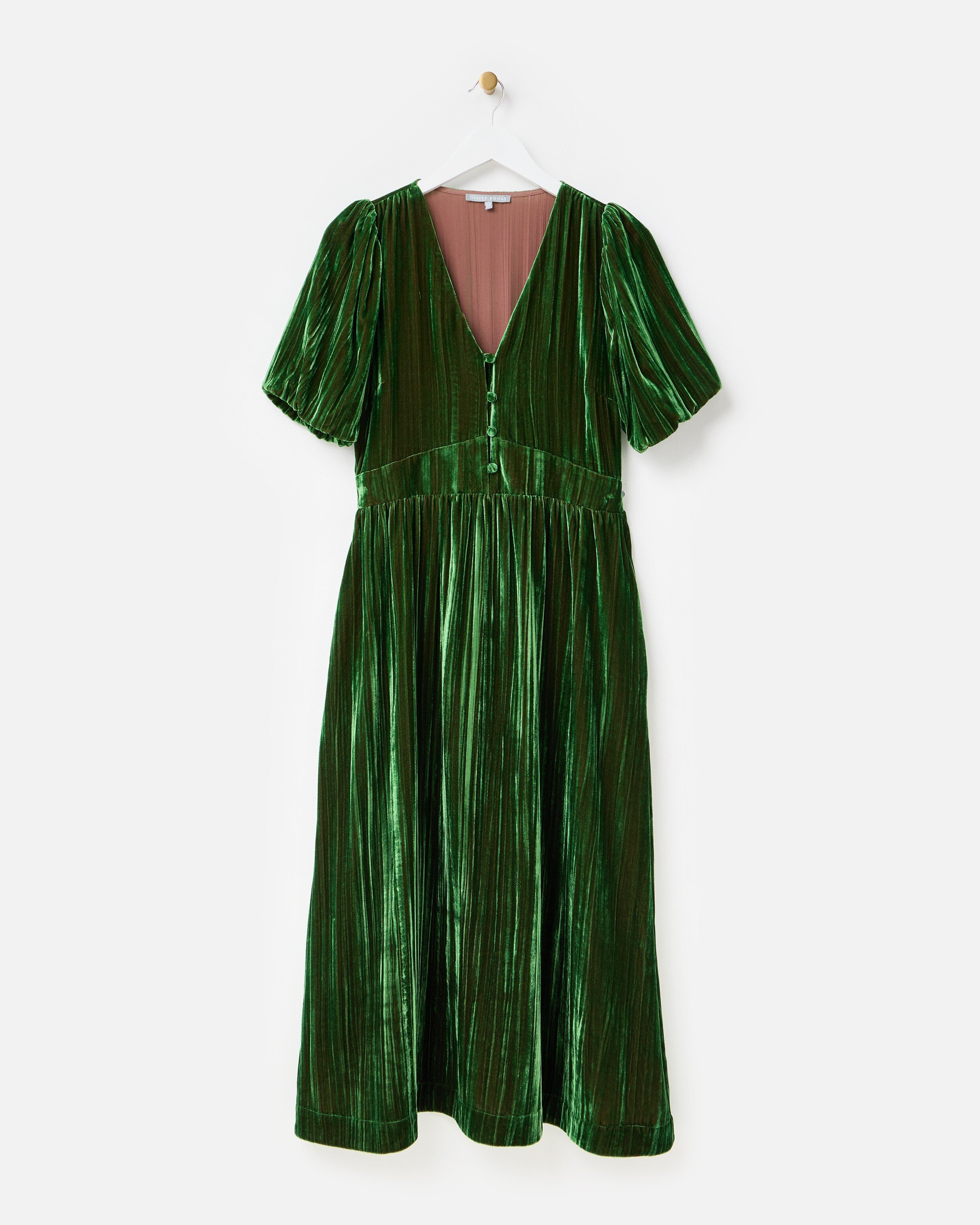 Green Velvet V-Neck Puff Sleeve Midi Dress