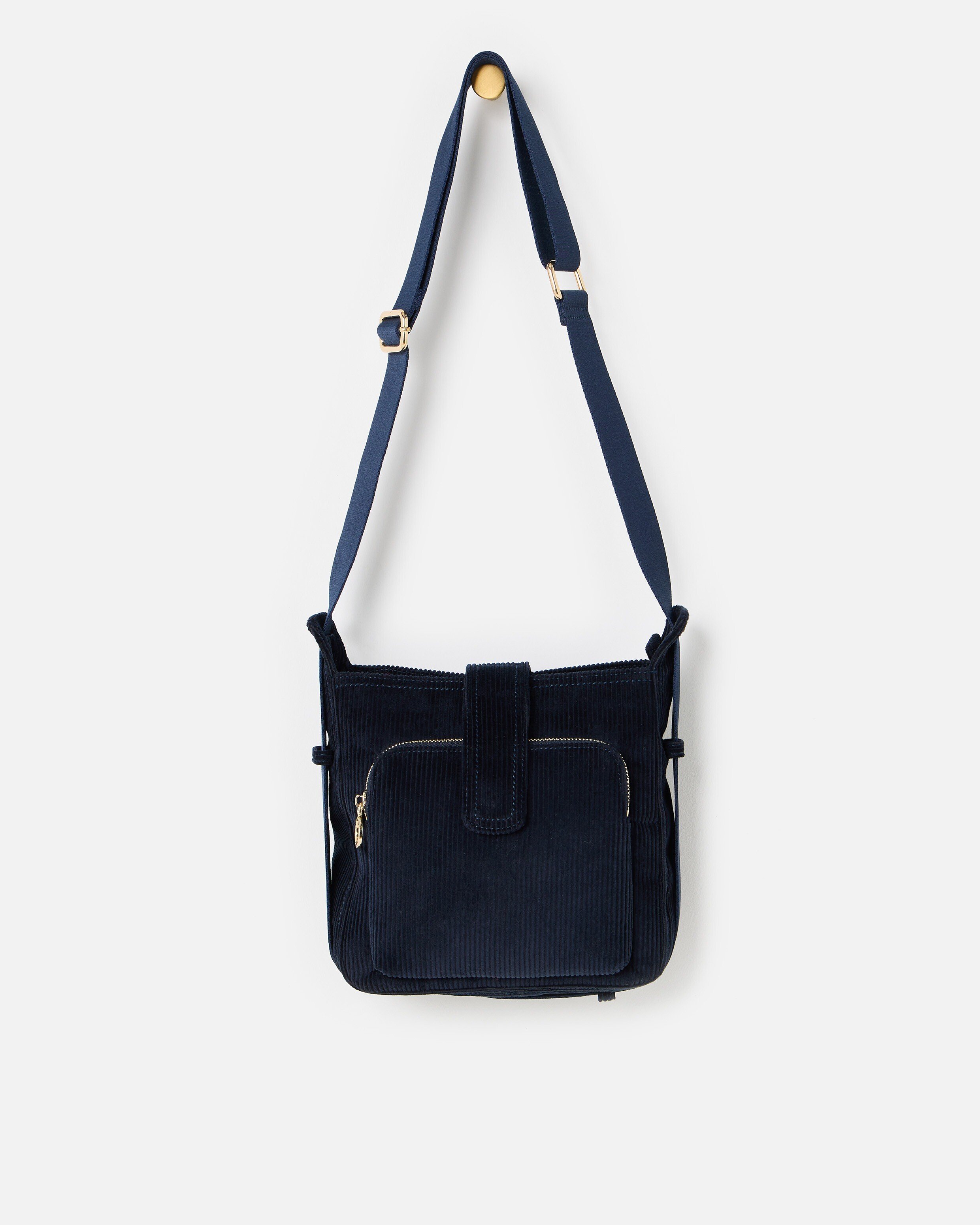 Dotty Navy Blue Corduroy Fold Over Crossbody Bag | Oliver Bonas