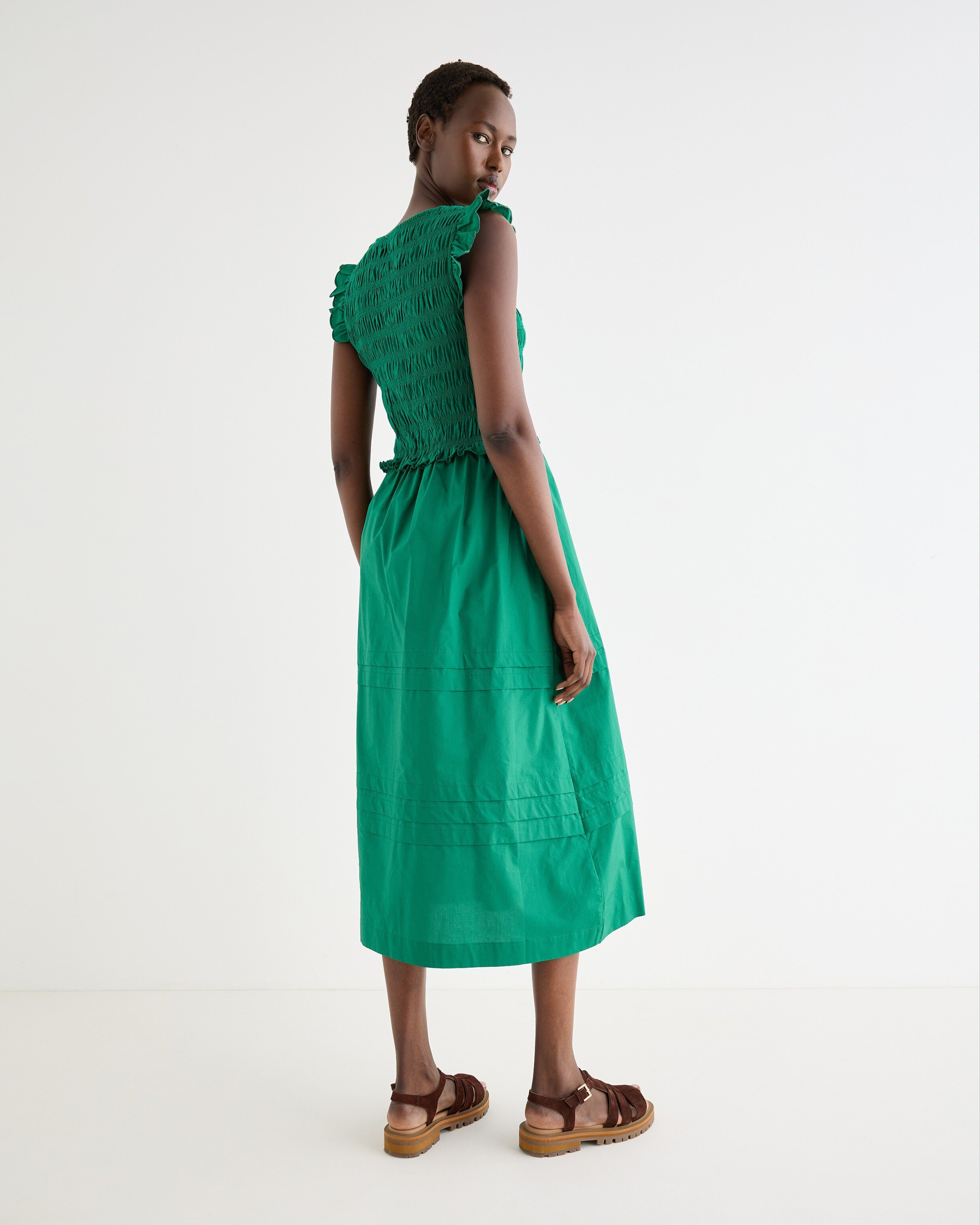 shirred green dress Bodice V-Neck Sleeveless Cotton Midi never fully dressed wrap dress