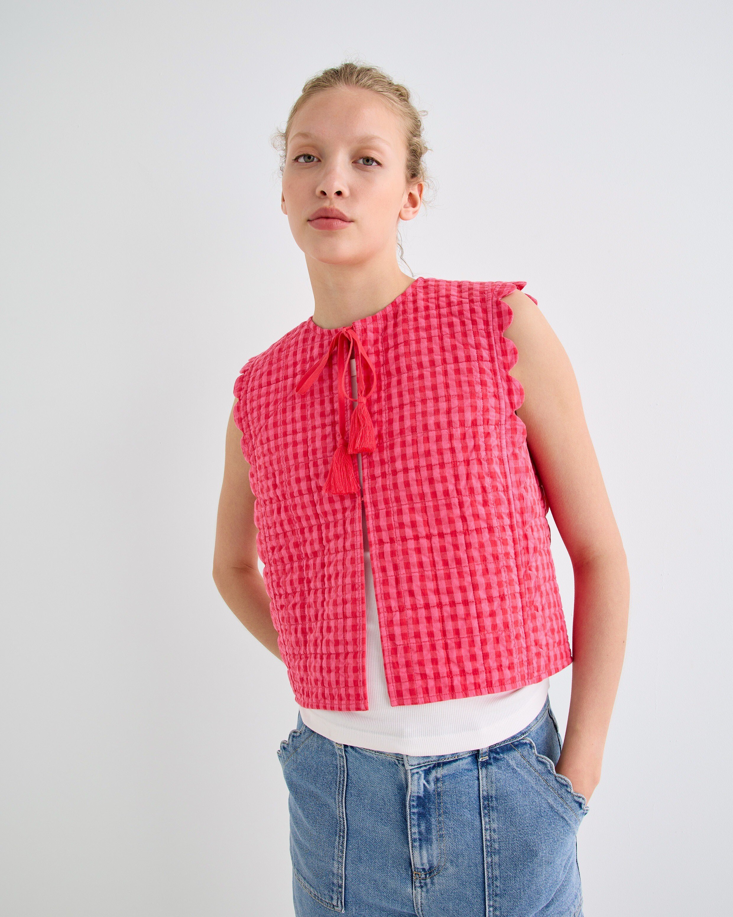 marge tokyo Beading short gilet Pink Gingham Tie Front Quilted