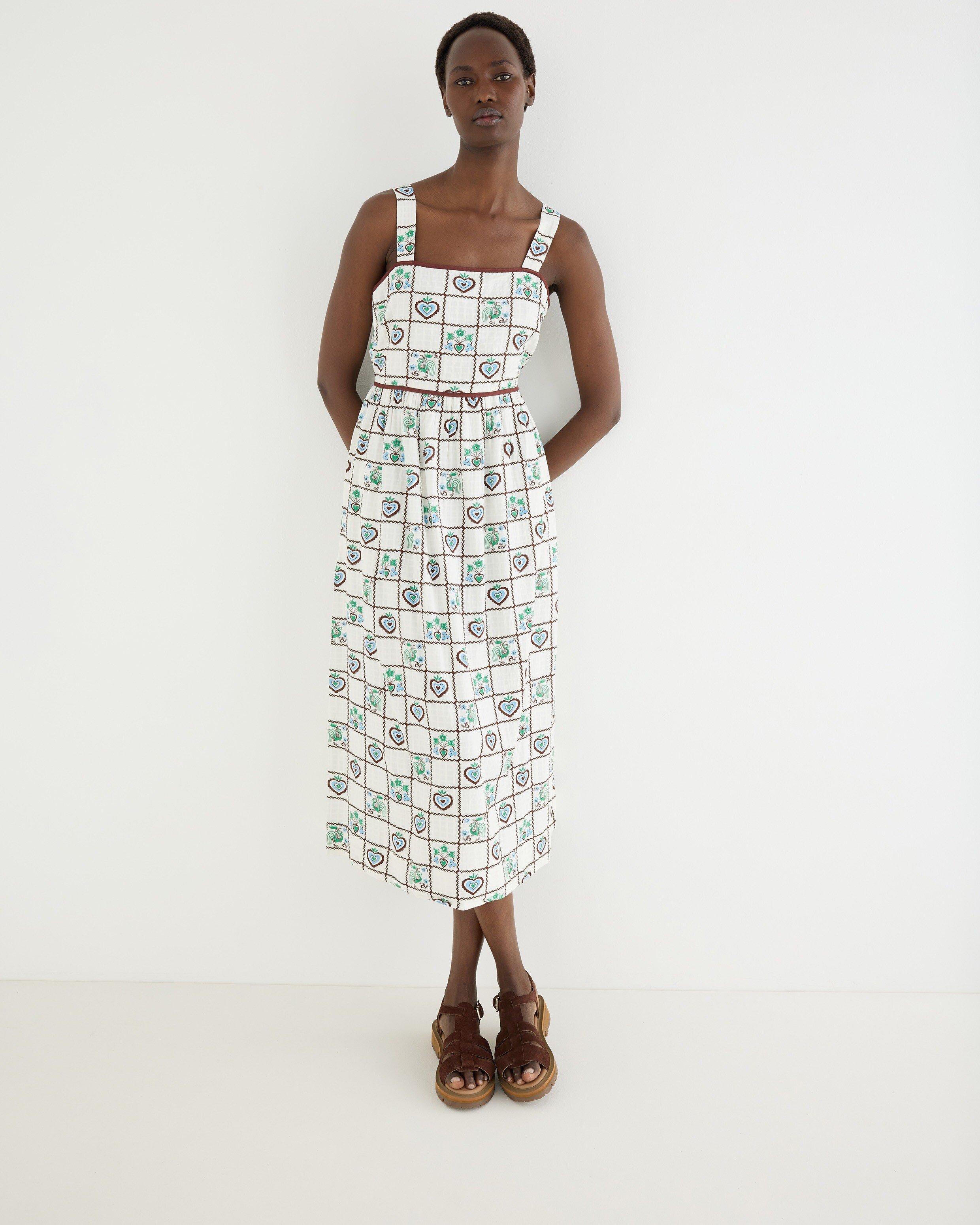 White & Brown Tile Print Strappy Midi Dress | Oliver Bonas