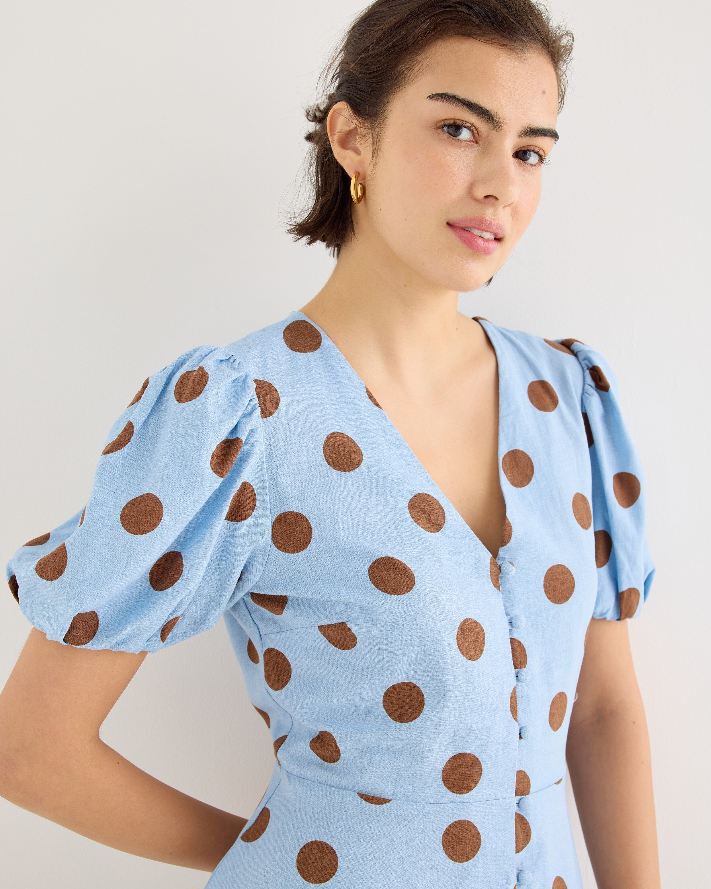 Light Blue & Brown Polka Dot Linen Blend Mini Dress
