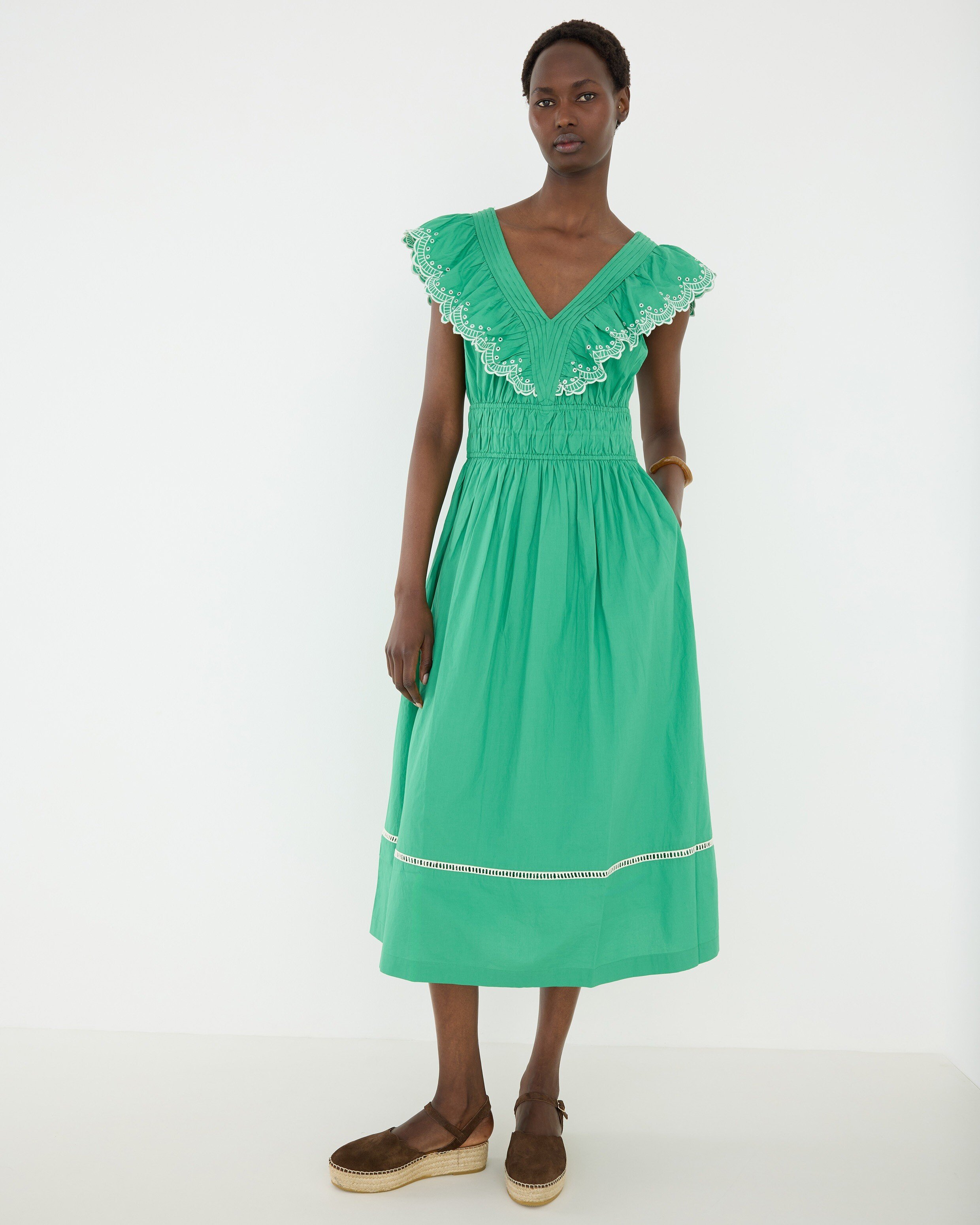 Green Broderie Frill V-Neck Cotton Midi Dress | Oliver Bonas