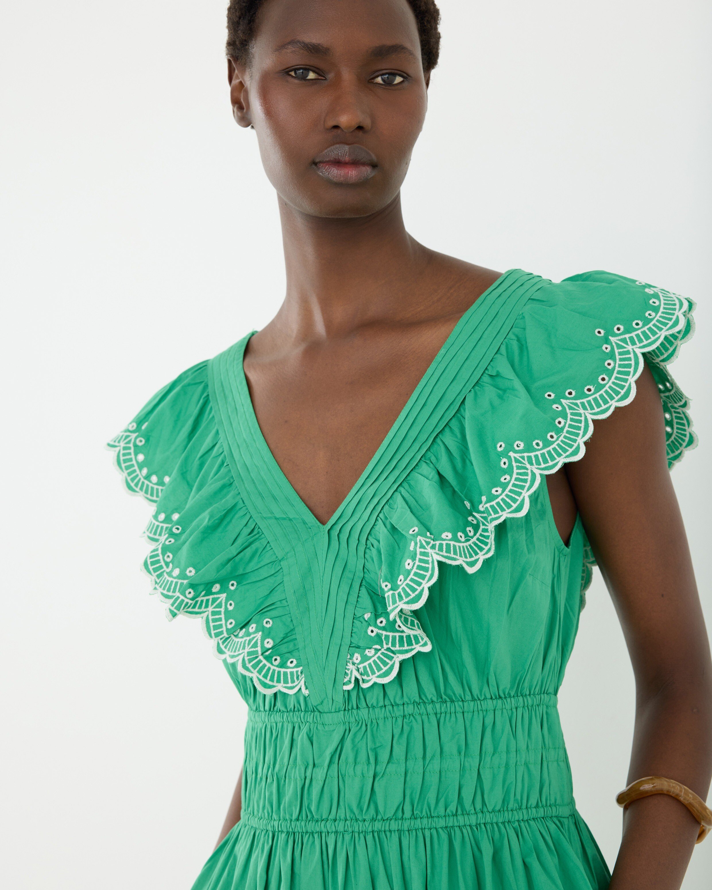Green Broderie Frill V-Neck Cotton Midi Dress | Oliver Bonas