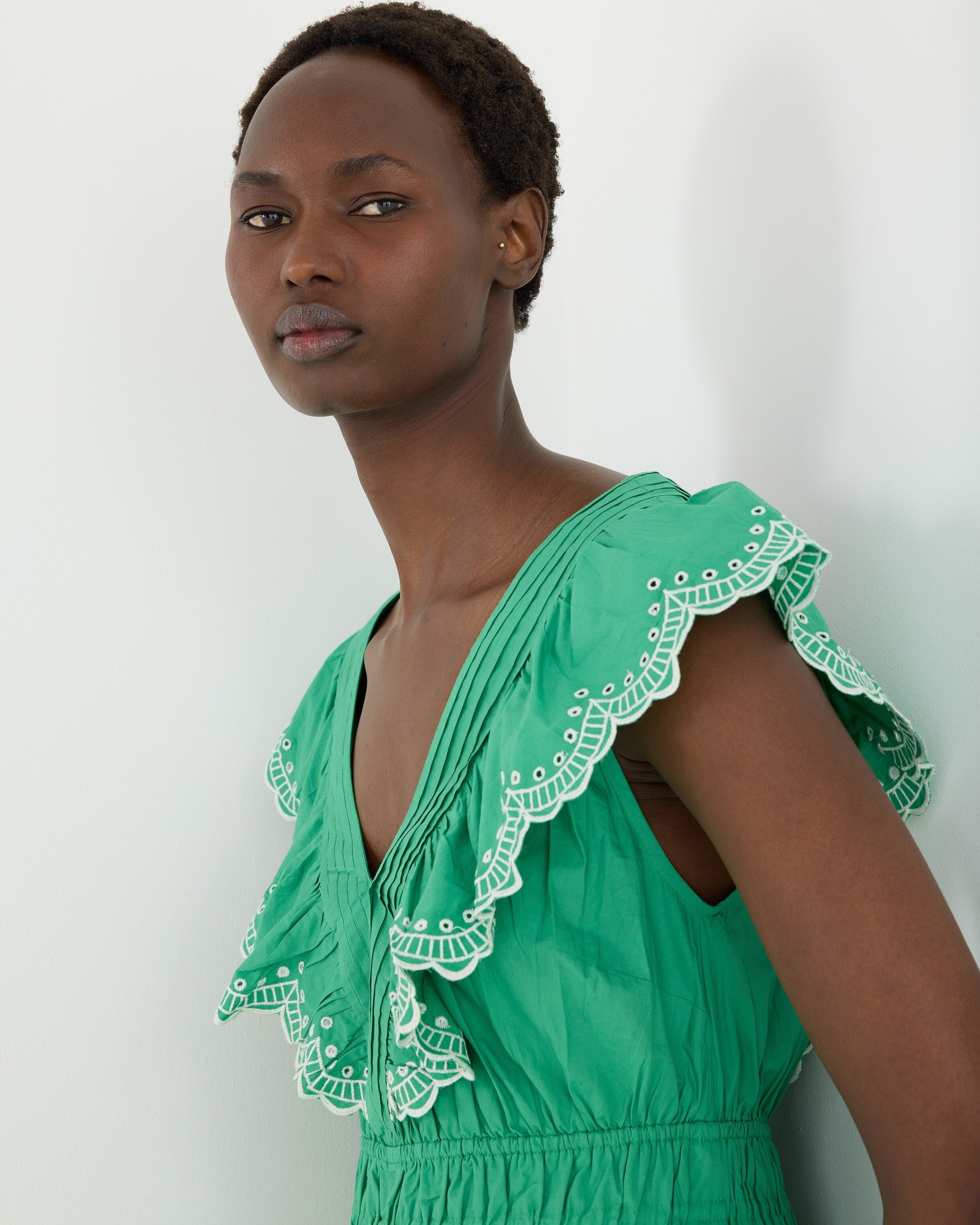 Green Broderie Frill V-Neck Cotton Midi Dress | Oliver Bonas