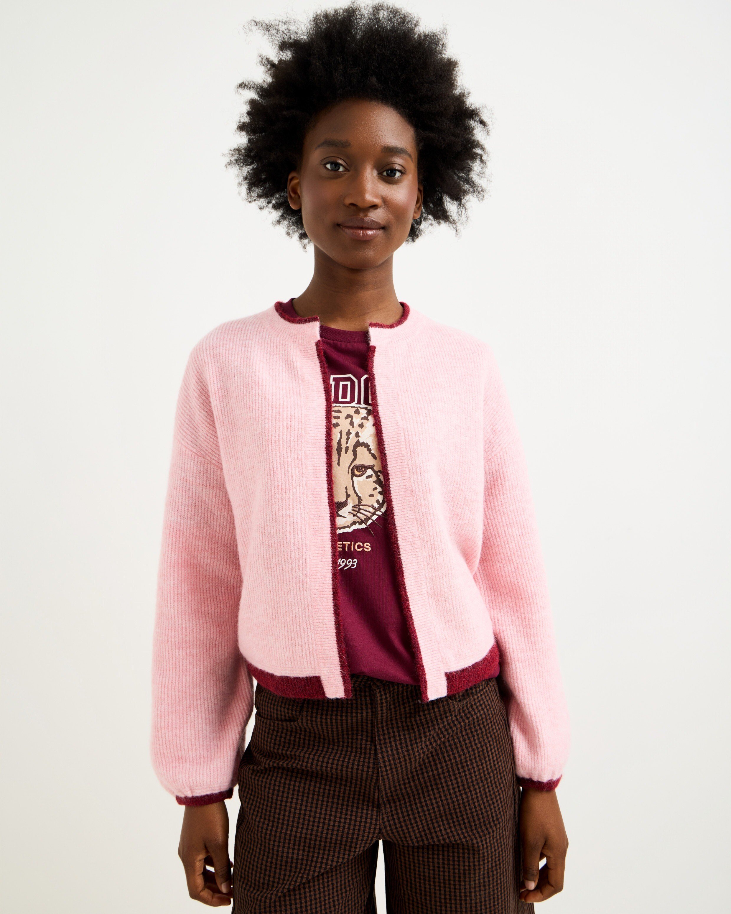 Pink & Burgundy Trim Open Front Knitted Cardigan | Oliver Bonas