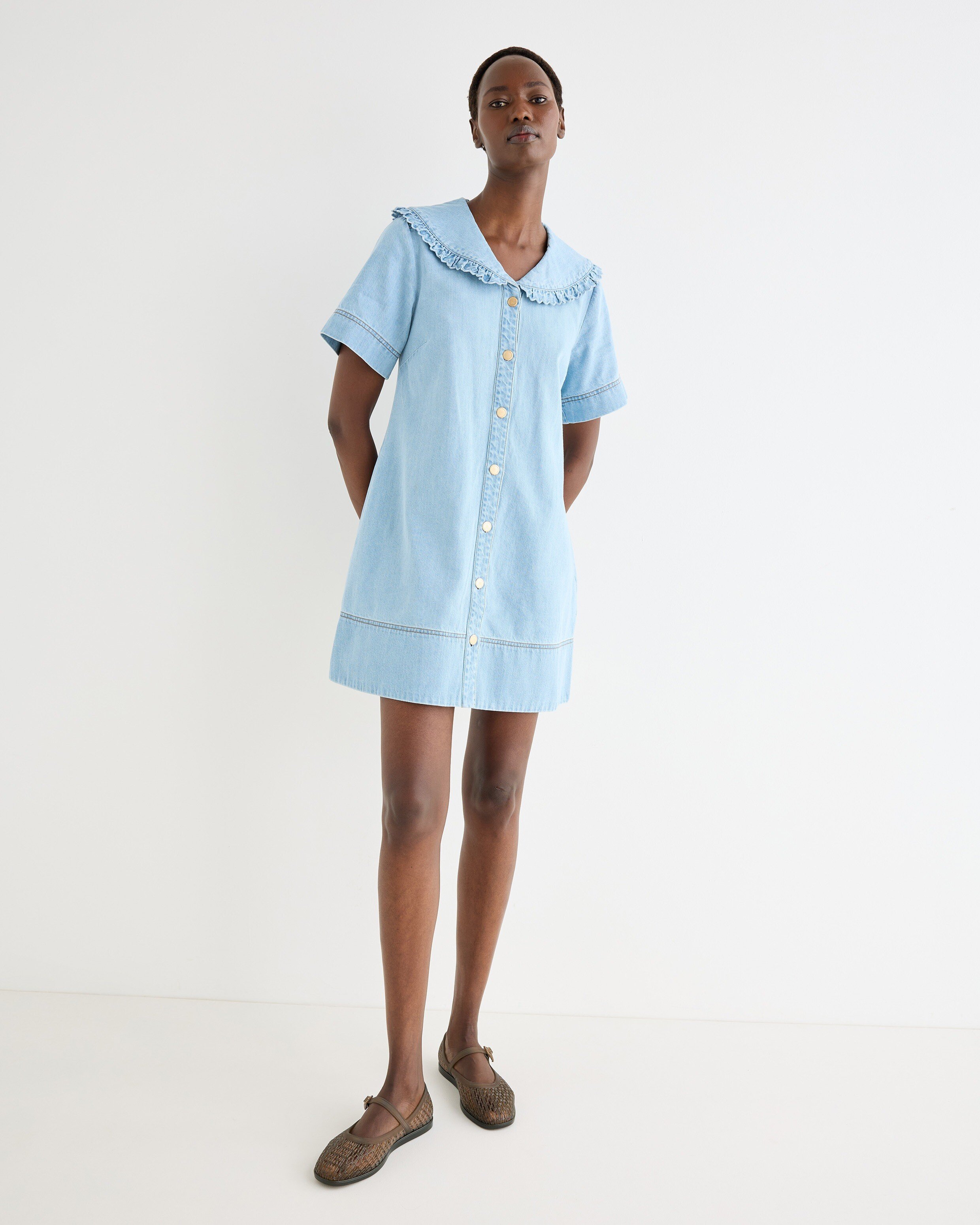 light blue denim mini dress Frill Sailor Collar Size:XS - $190.00 AU 6 / US Priority Shipping Eligible PH5 Brooklyn wavy asymmetric