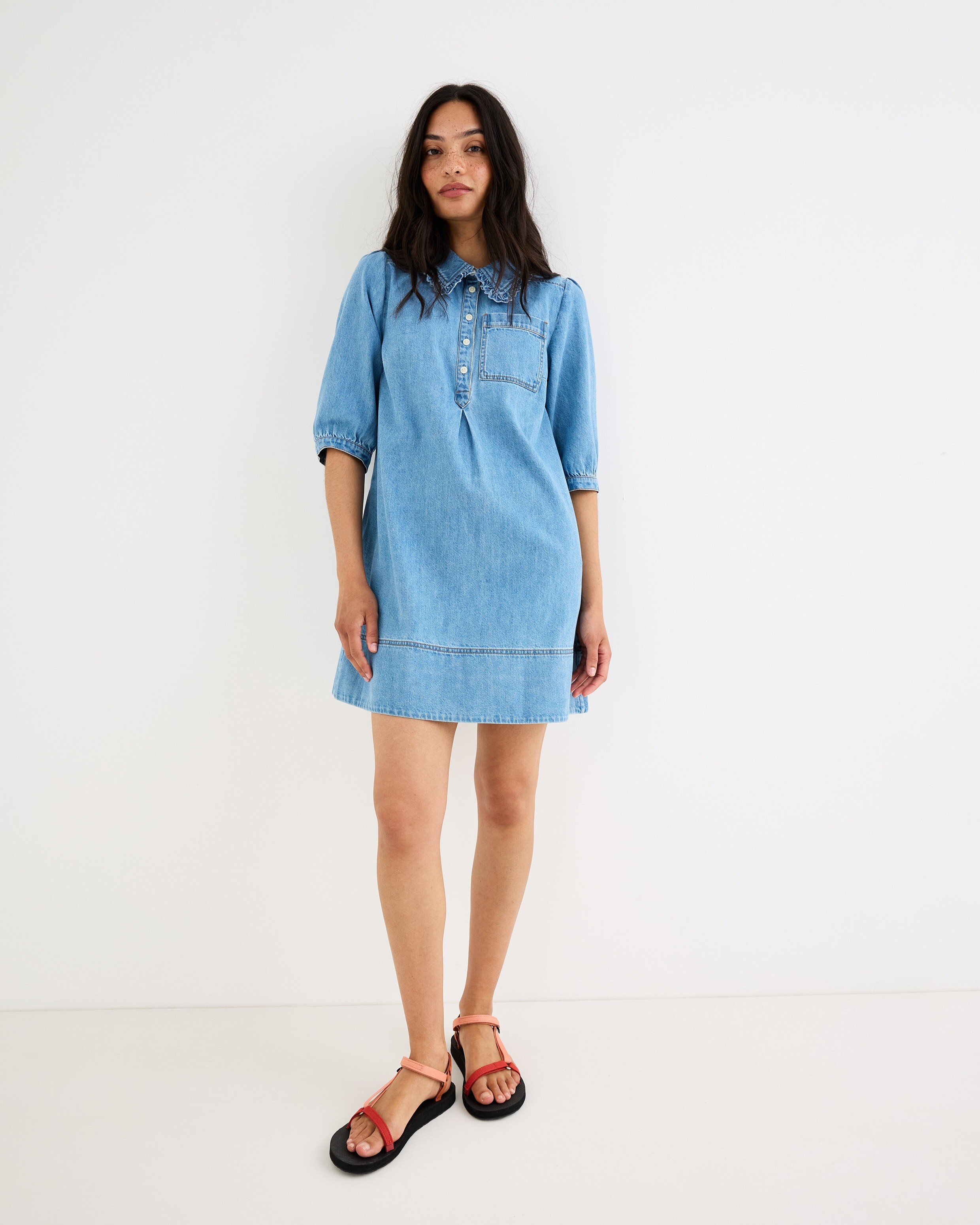 Blue Frill Collar Denim Mini Dress | Oliver Bonas