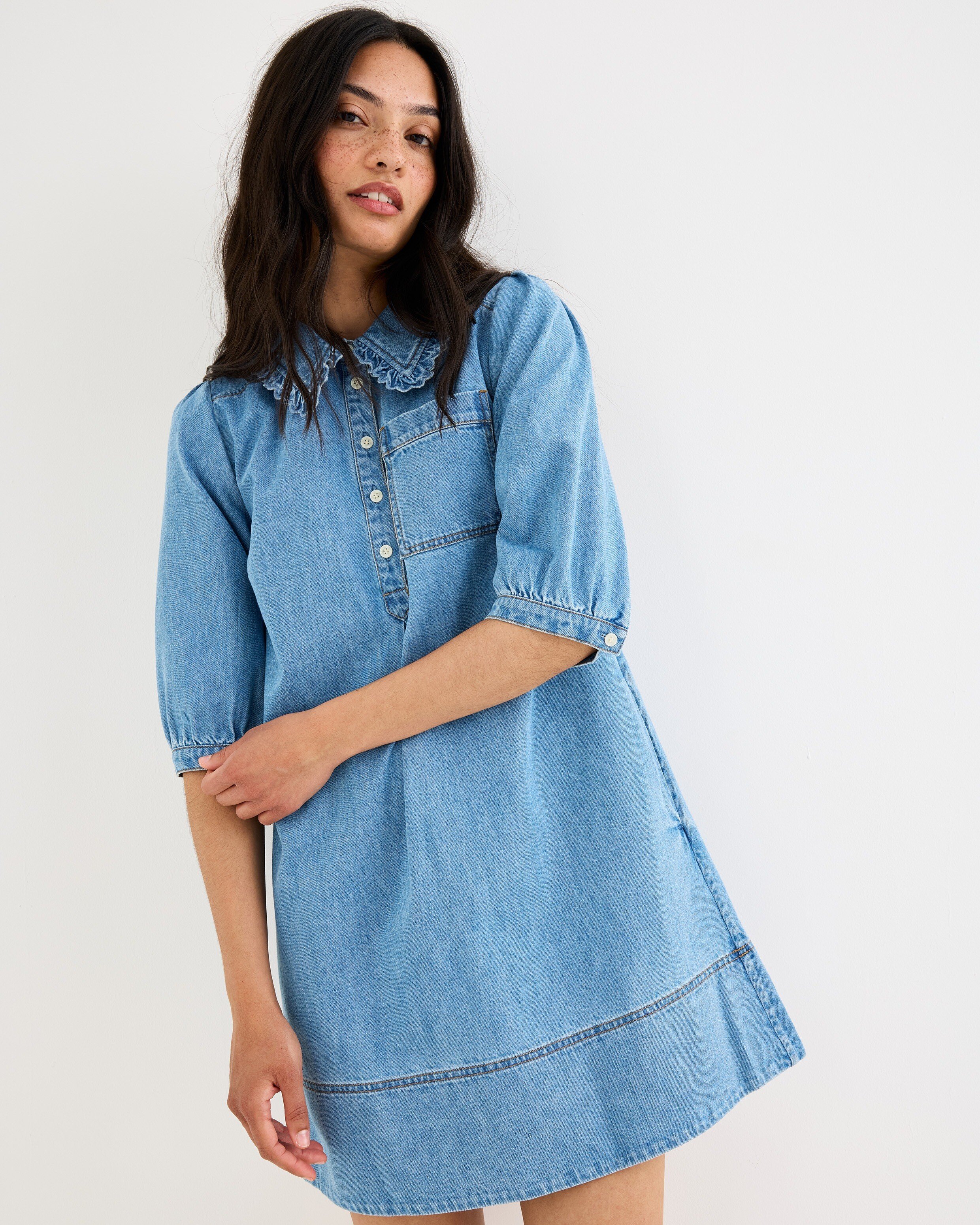 Blue Frill Collar Denim Mini Dress | Oliver Bonas