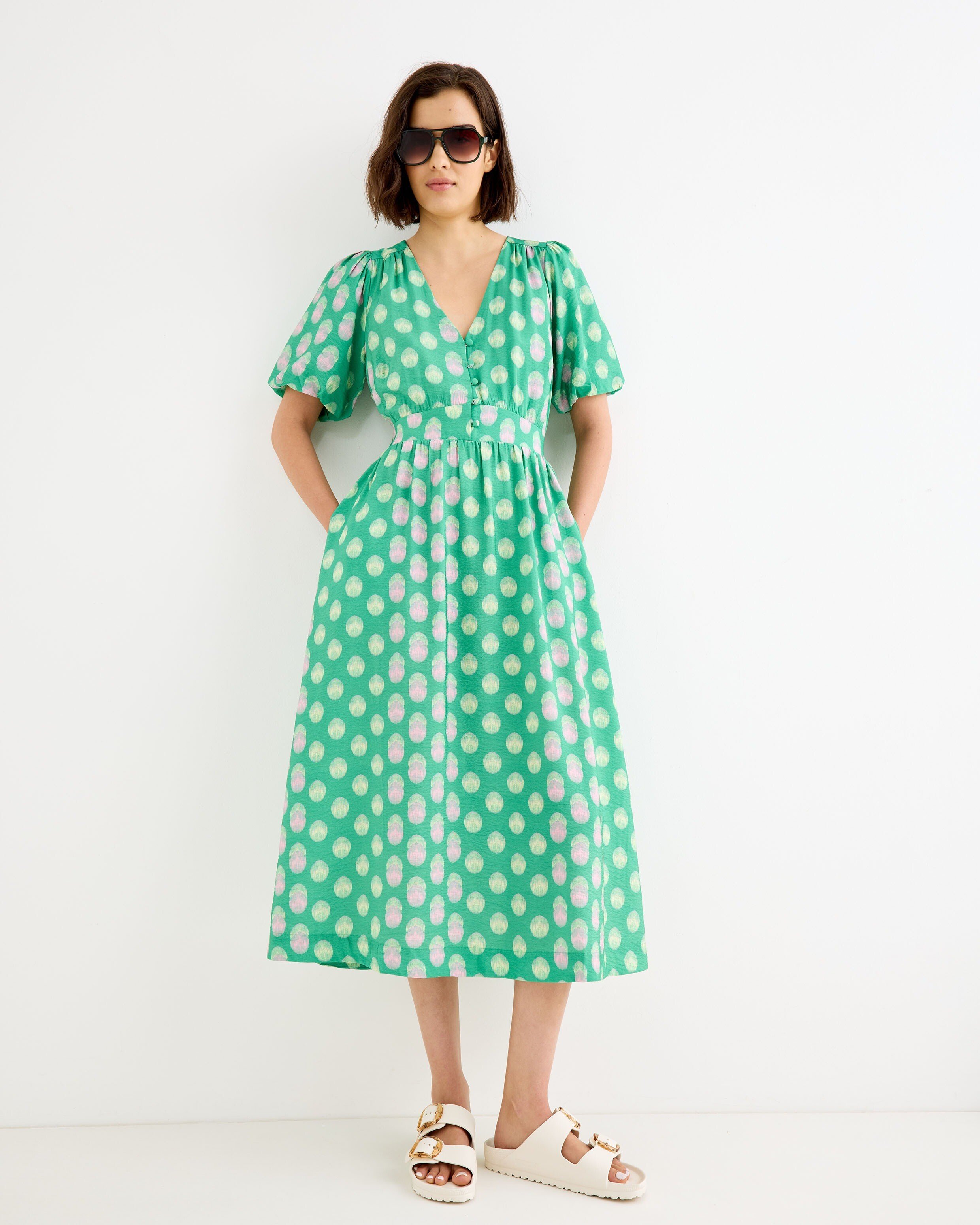 pink and green polka dot dress & V-Neck Midi image-add-6/27/25