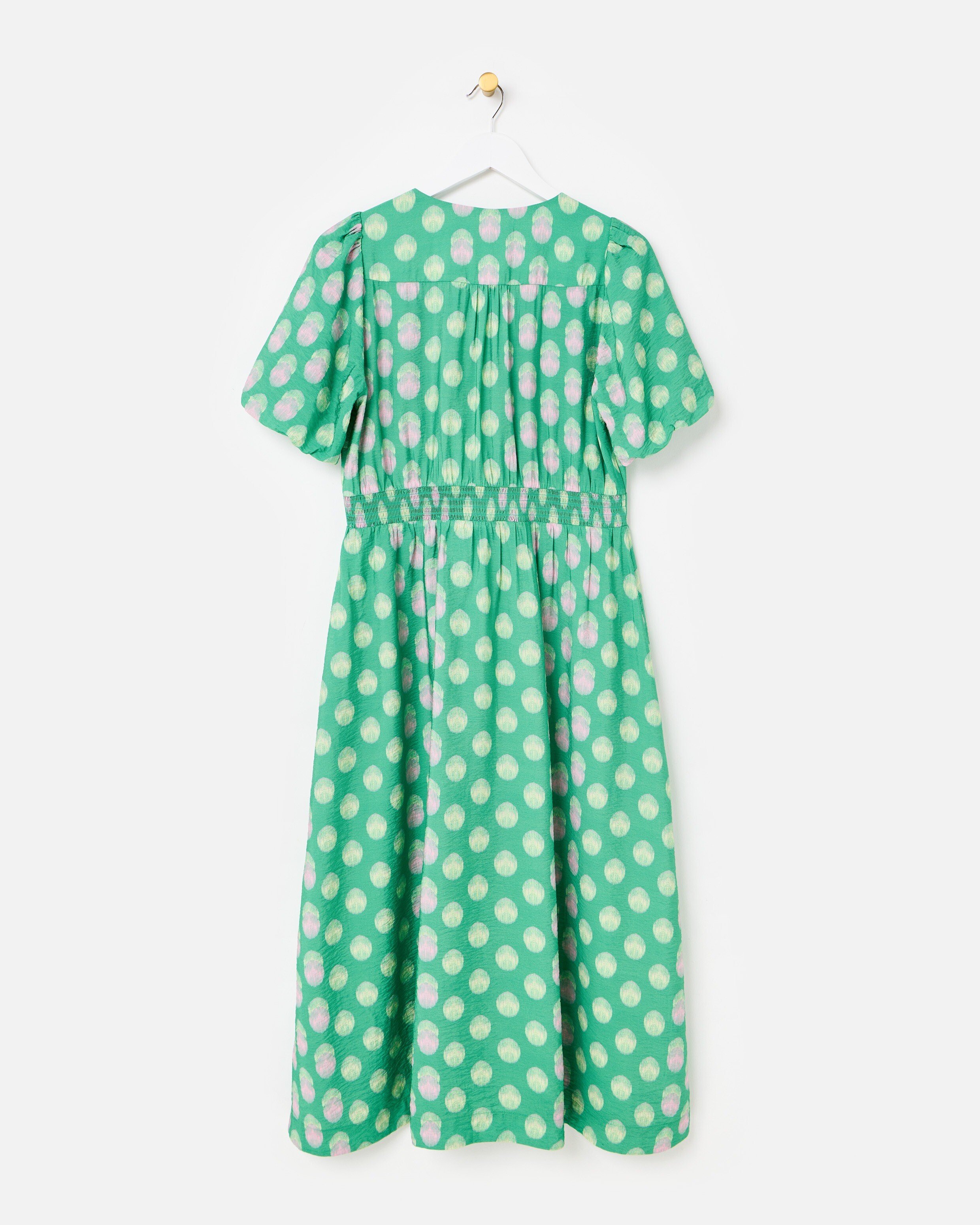 Green & Pink Polka Dot V-Neck Midi Dress