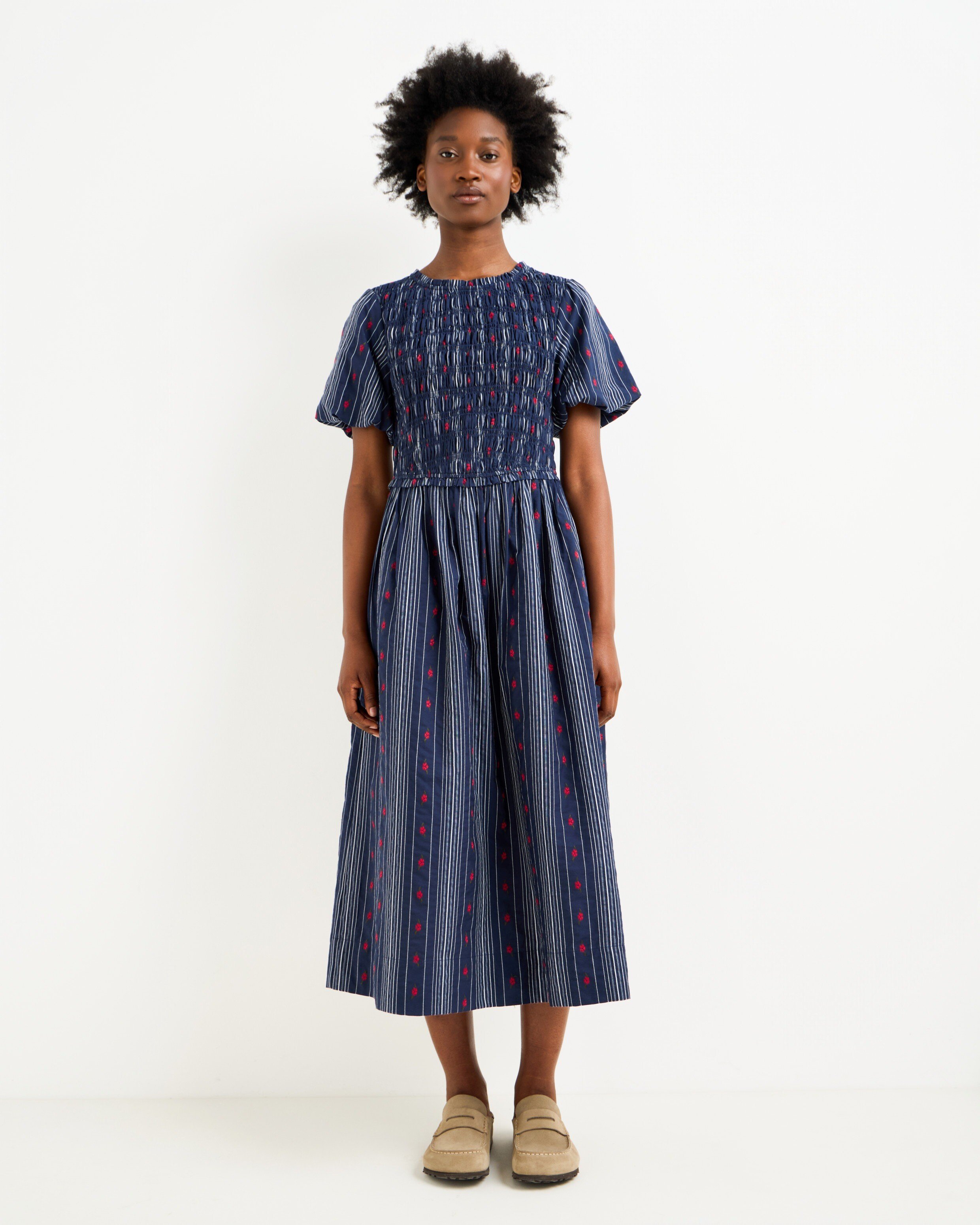 Navy Blue Striped Floral Jacquard Shirred Bodice Midi Dress