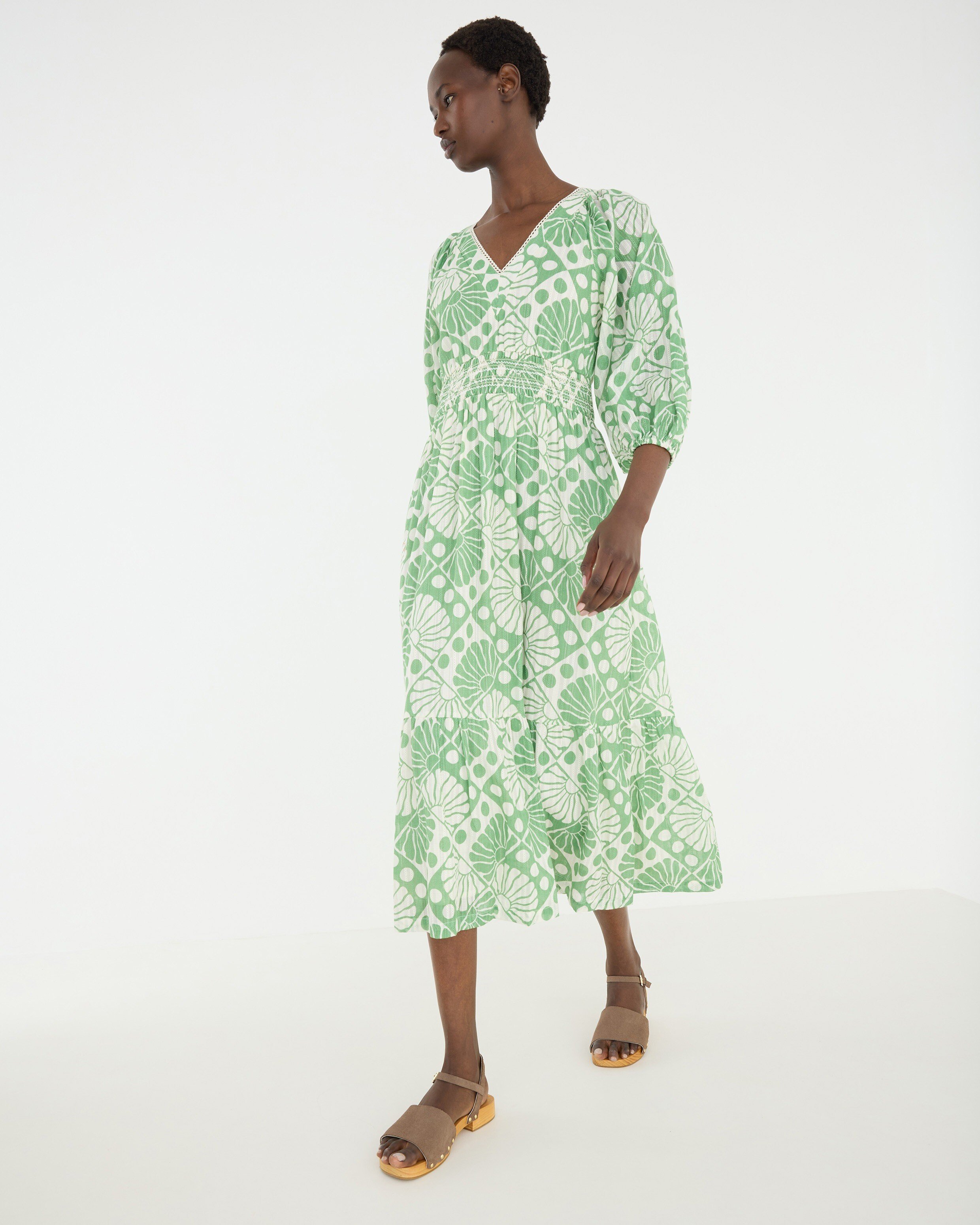 green and cream dress & Sun Print V-Neck Tiered Midi looks for the teacher