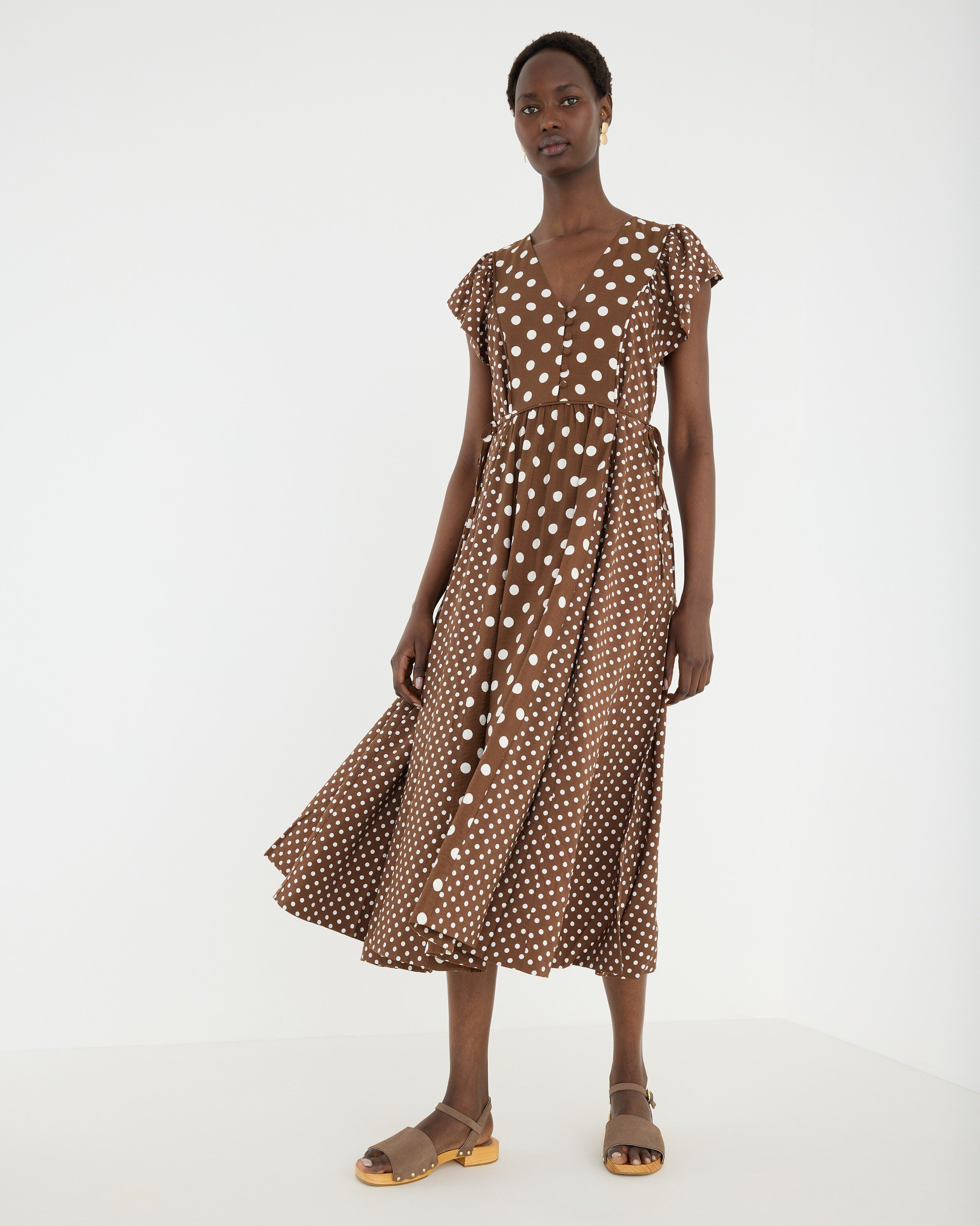 brown pattern dress Chocolate & White Polka Dot Tie Waist Midi AW Humaira Champagne Bridesmaid variantID_a3242084-b03e-4e52-a89c-89cfe52bfddb calf length Color:Muted Satin Olive