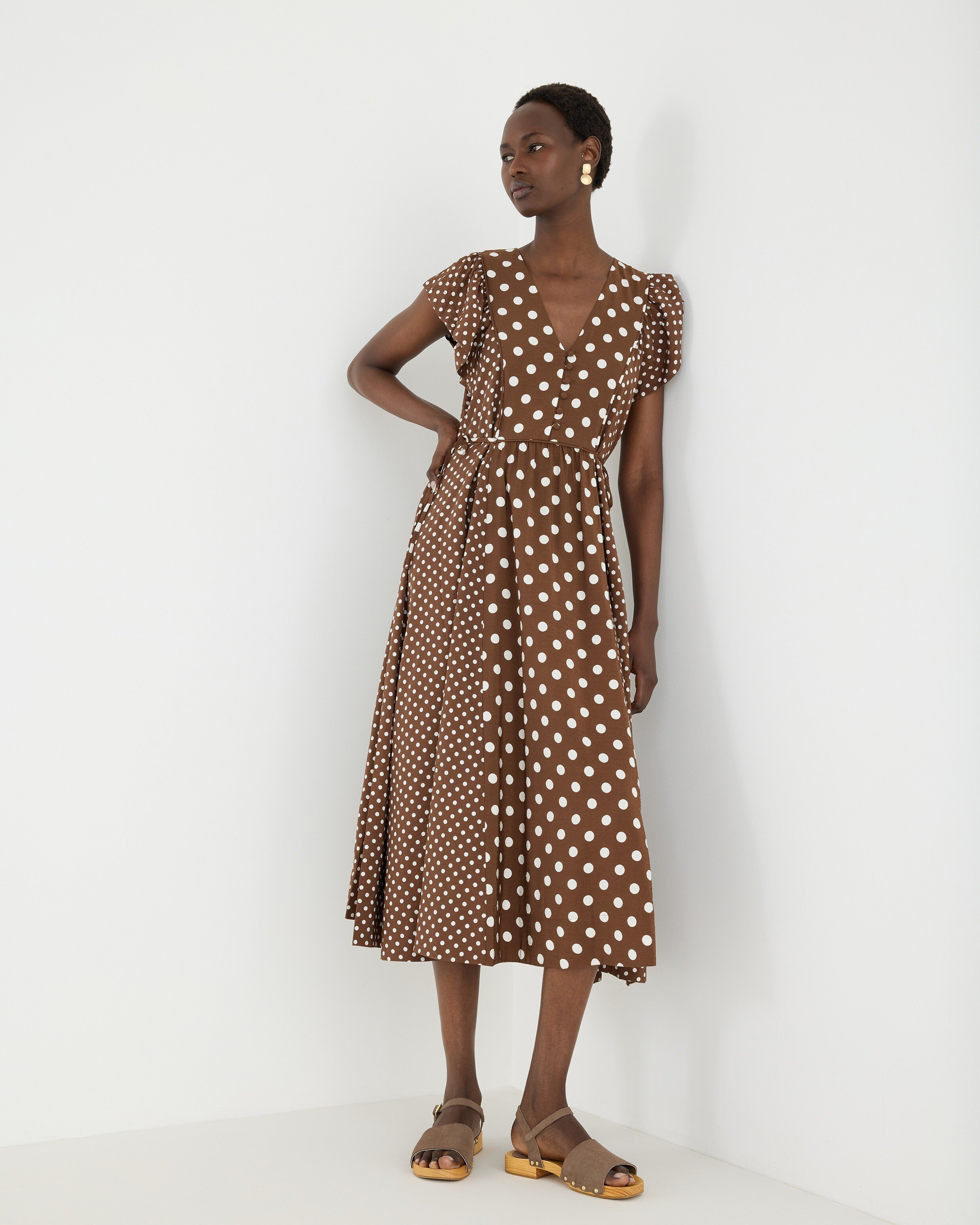 Chocolate Brown & White Polka Dot Tie Waist Midi Dress | Oliver Bonas