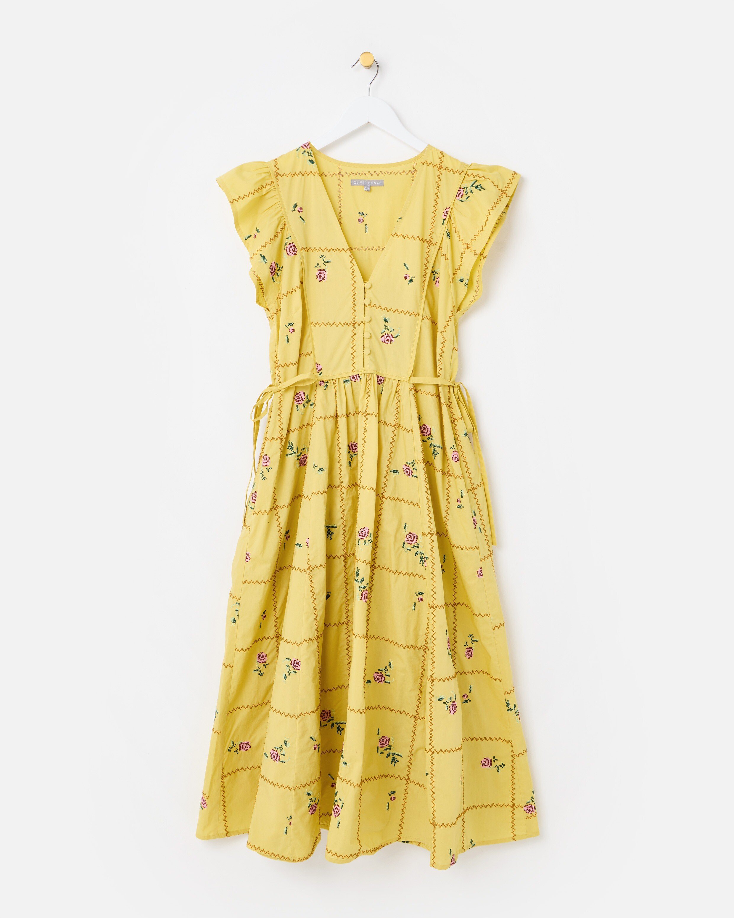 Yellow Floral Cross Stitch Embroidered Midi Dress | Oliver Bonas