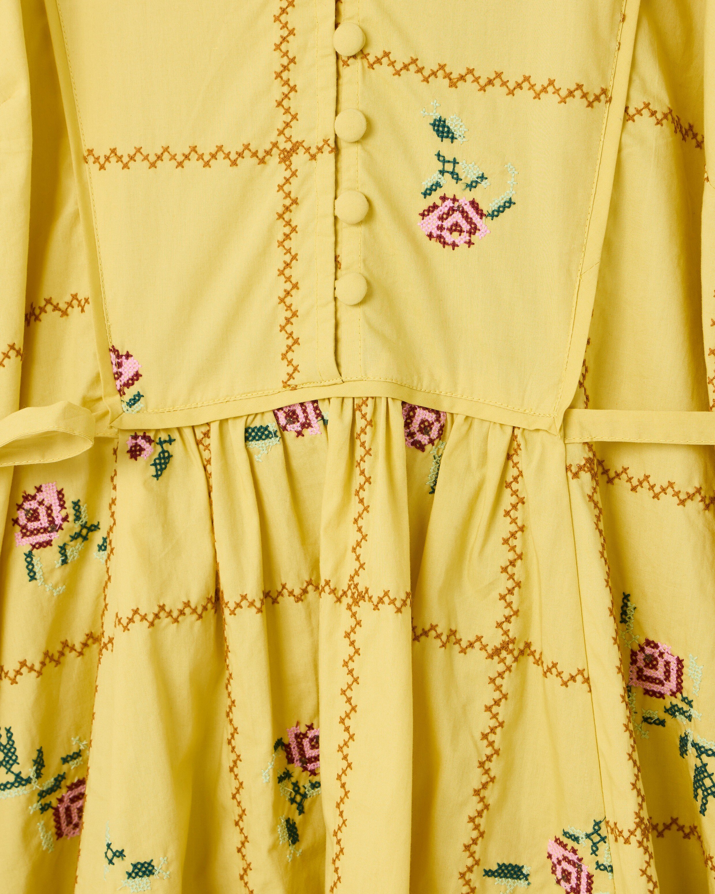 Yellow Floral Cross Stitch Embroidered Midi Dress | Oliver Bonas