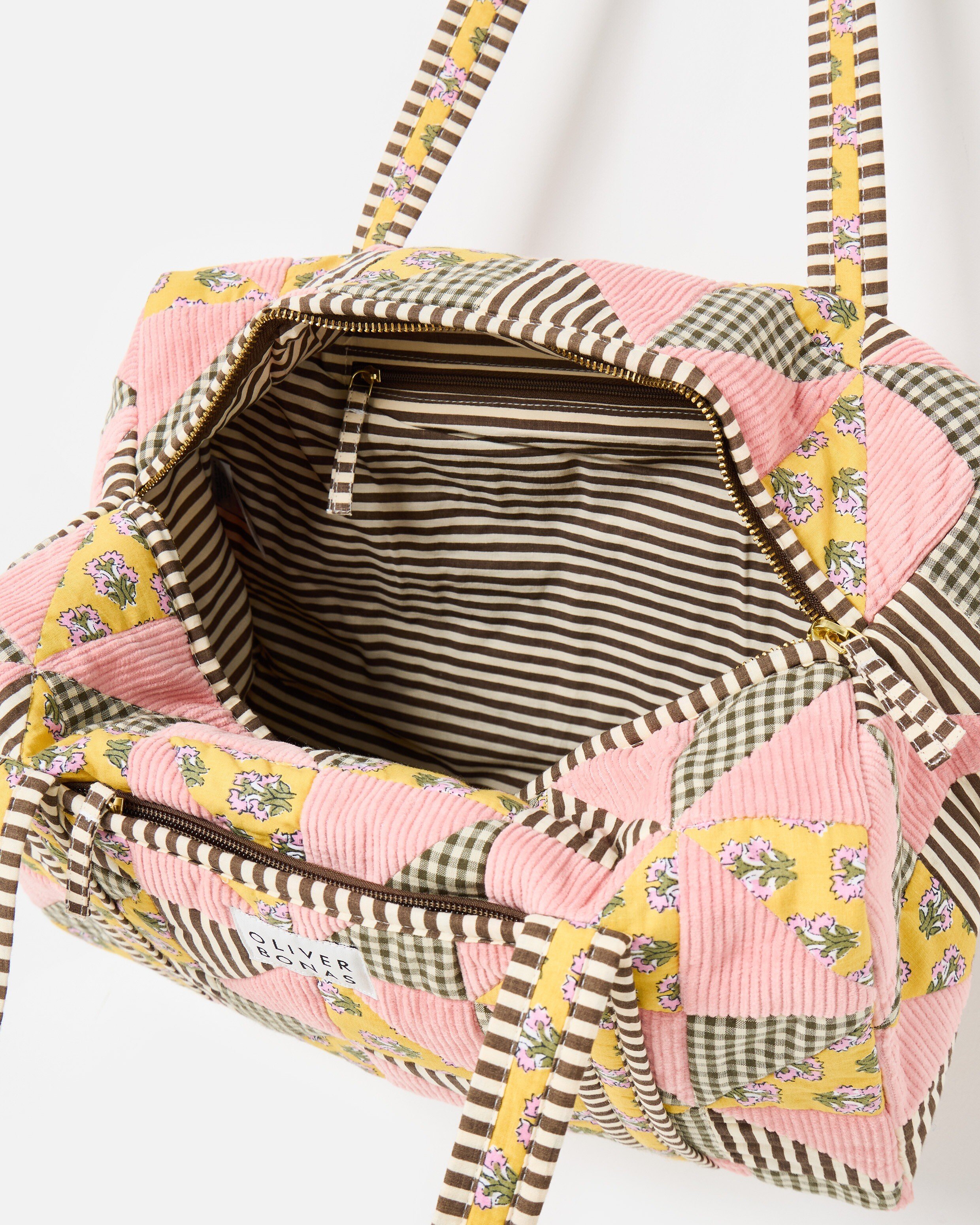 Emily Pink & Brown Patchwork Corduroy Quilted Bag | Oliver Bonas