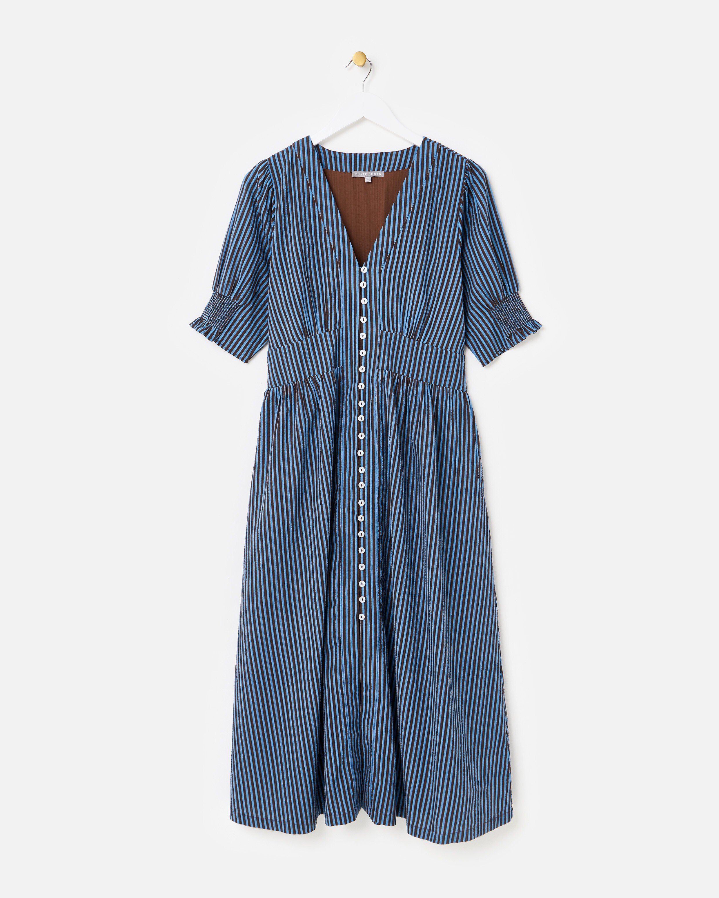 blue and brown striped dress & V-Neck Cotton Seersucker Midi Art-Inspired Semi-Fitted Three-Quarter Sleeves it’s perfect for sunny Length:Semi Tall product-type: