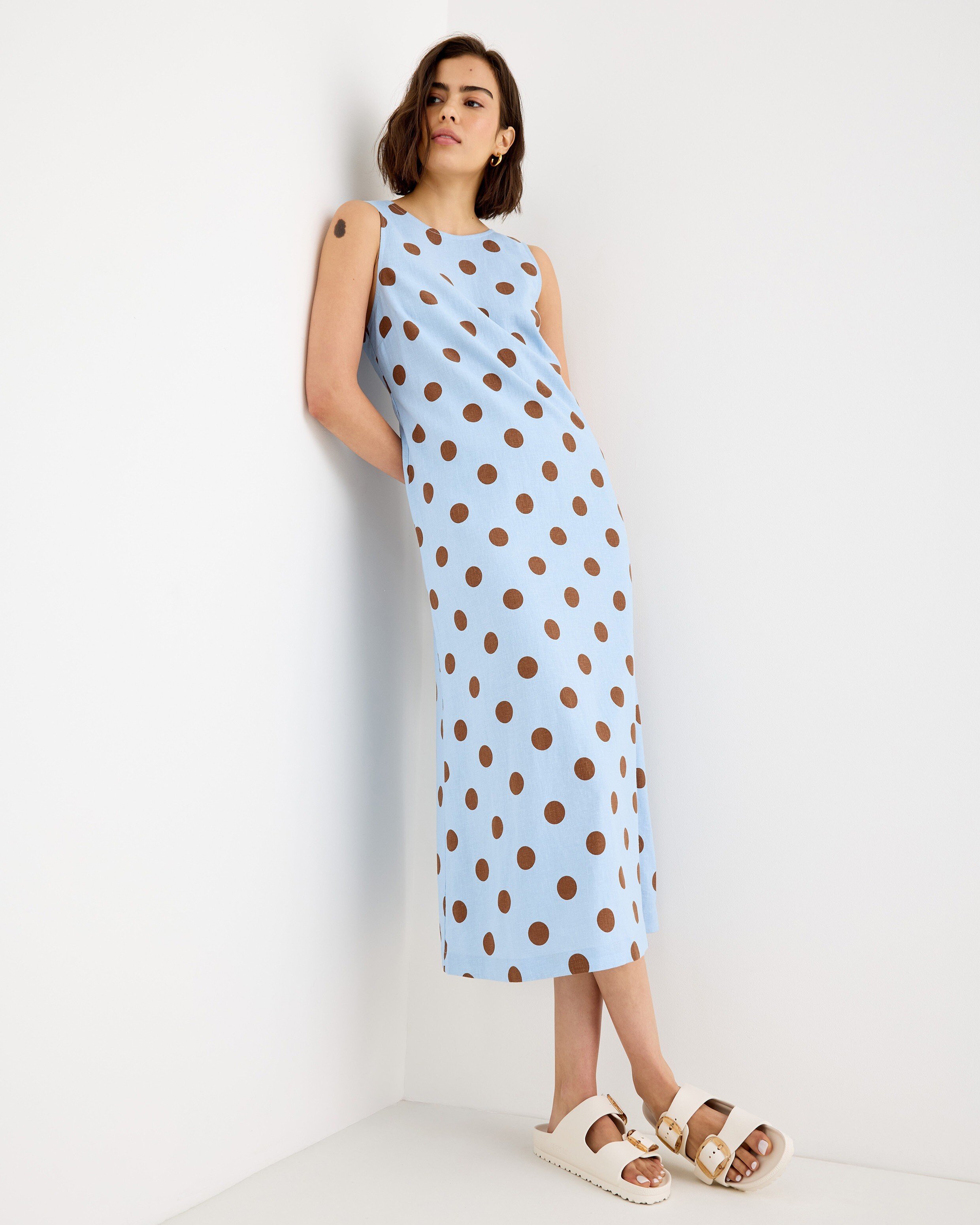 Light Blue & Brown Polka Dot Sleeveless Midi Dress