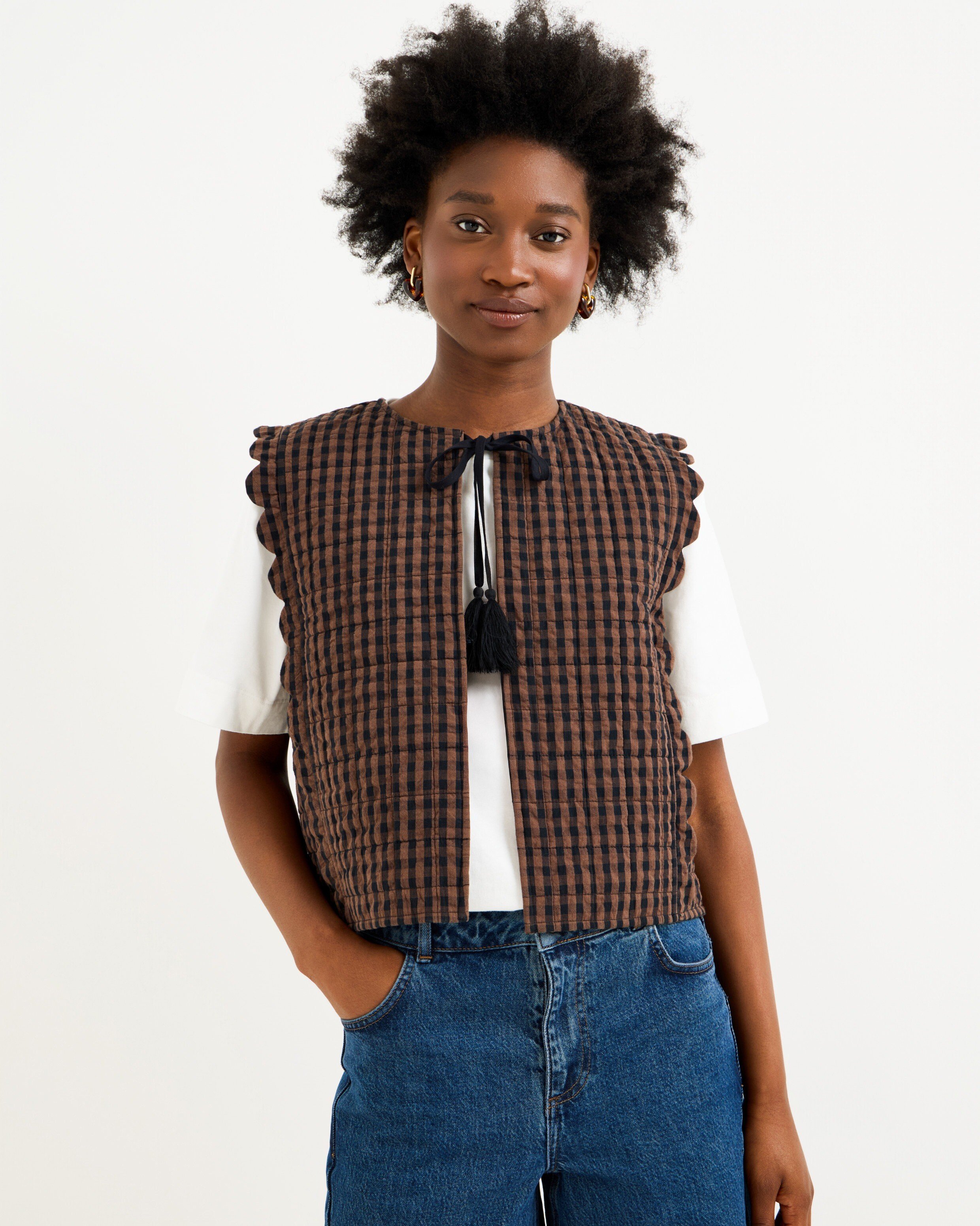 Chocolate Brown Gingham Tie Front Quilted Gilet | Oliver Bonas