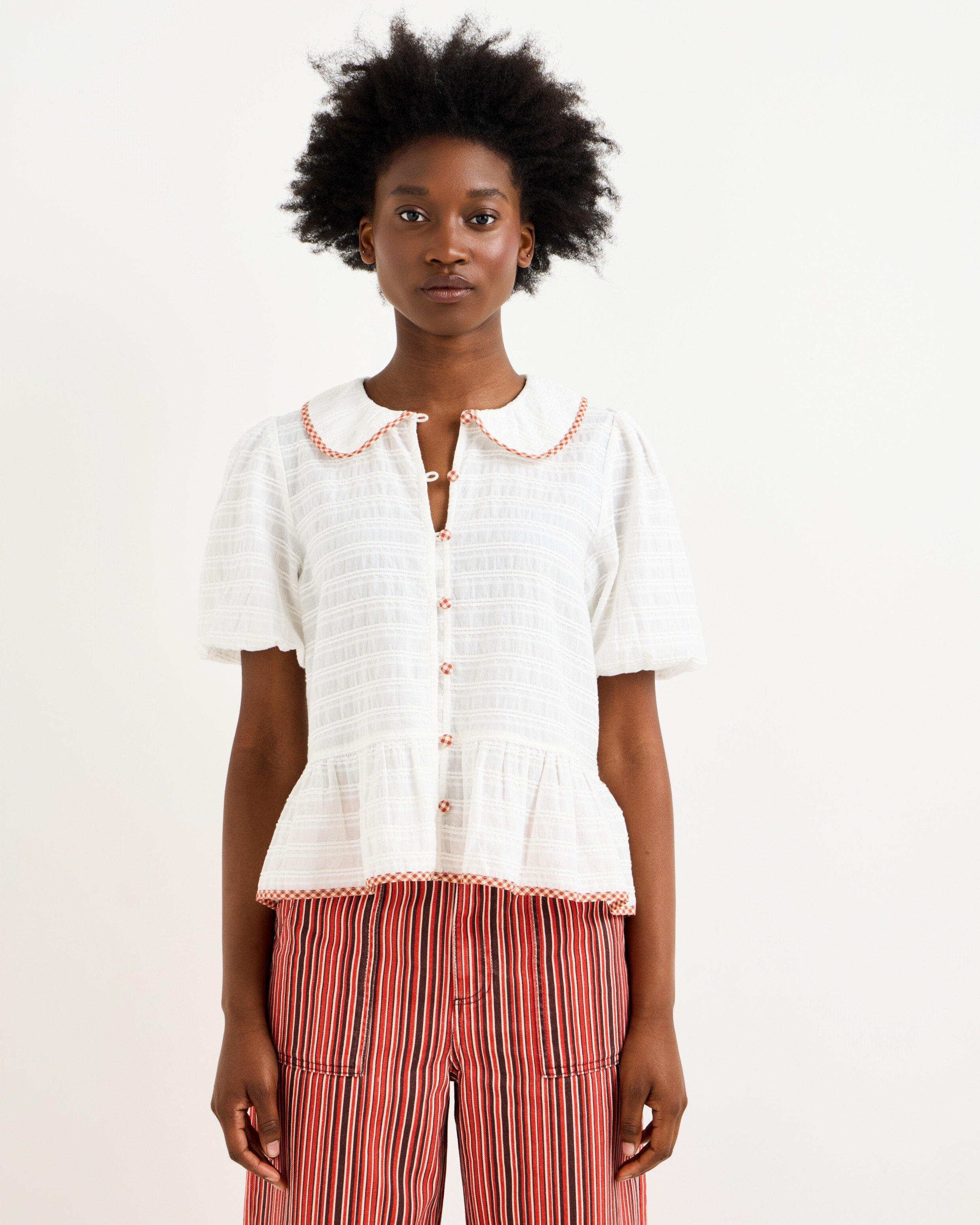 White Textured Gingham Collar Cotton Peplum Blouse | Oliver Bonas