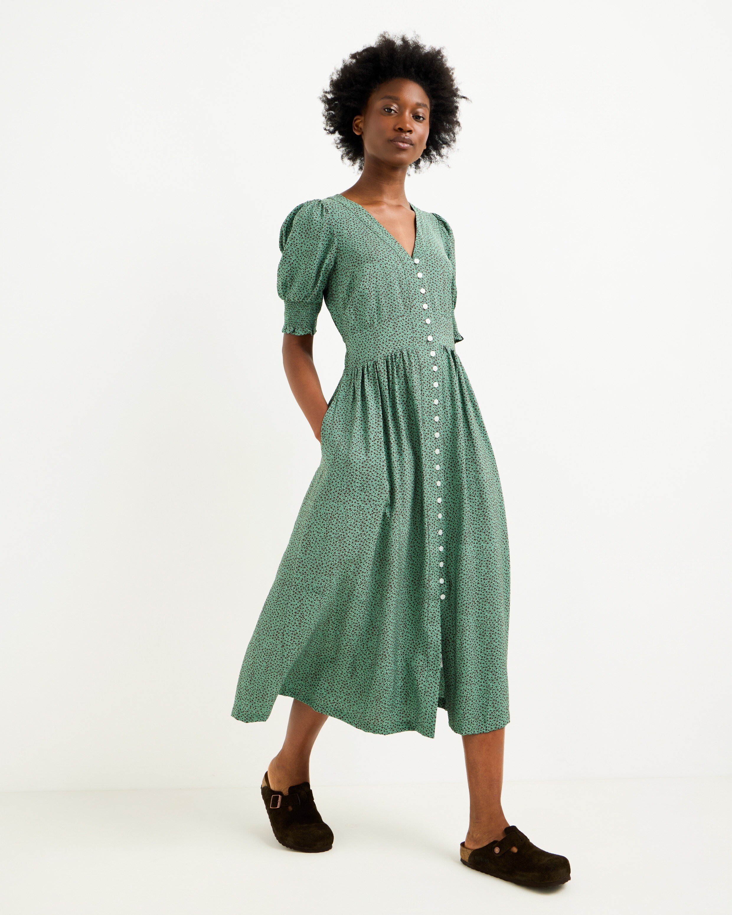 Green & Brown Polka Dot V-Neck Midi Dress