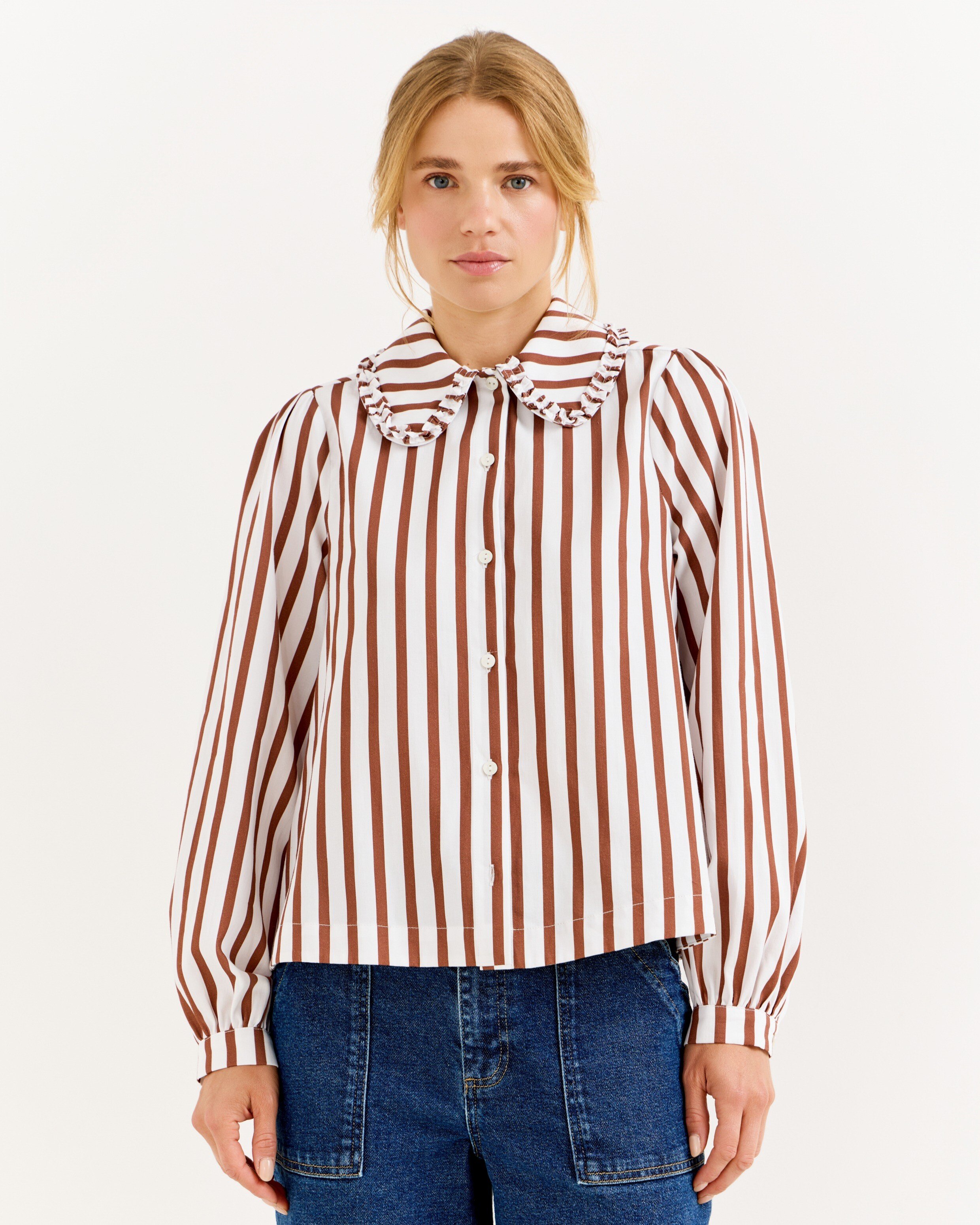 Mocha Brown & White Striped Frill Collar Cotton Shirt | Oliver Bonas