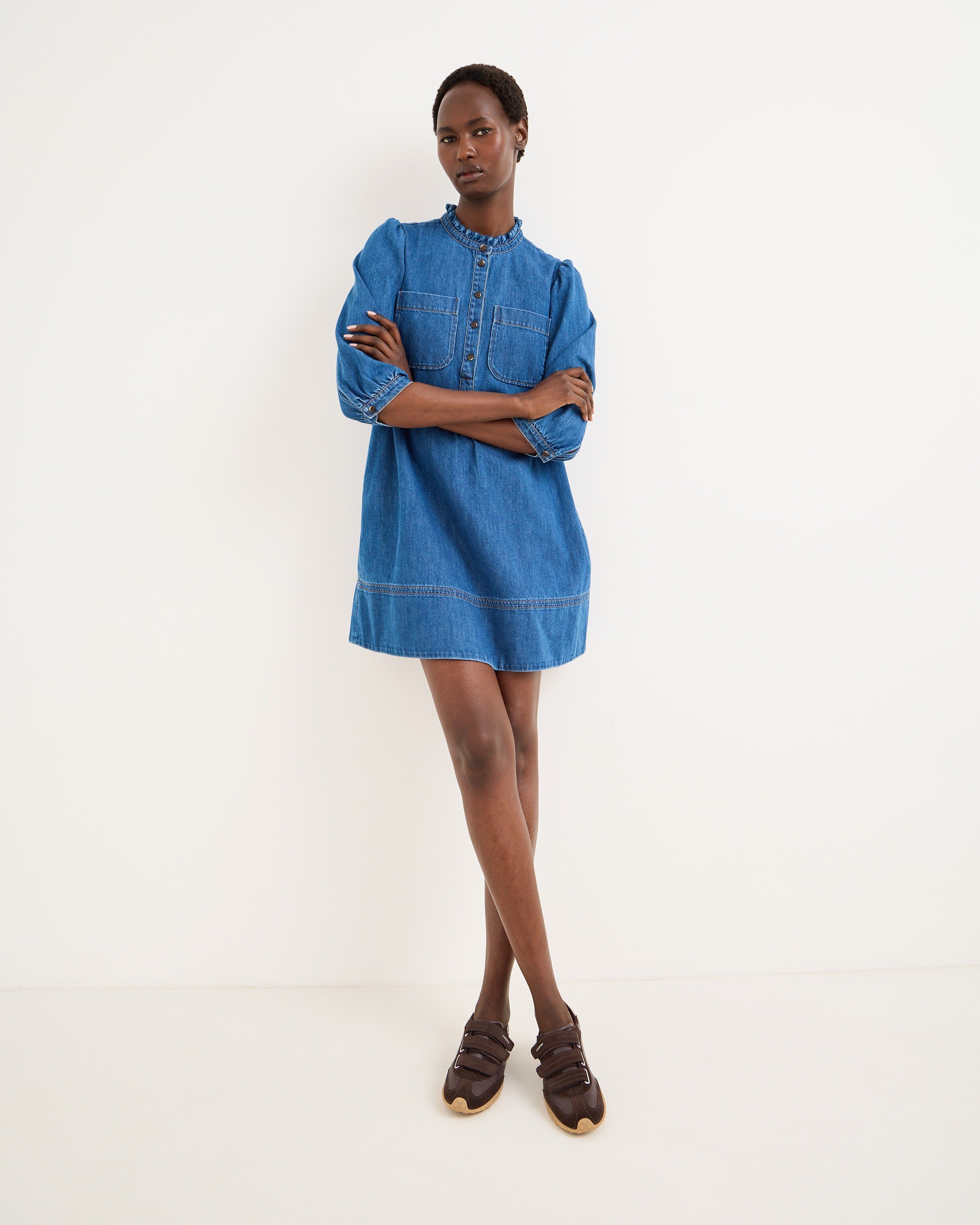 Dark Blue Frill Neck Denim Mini Dress | Oliver Bonas