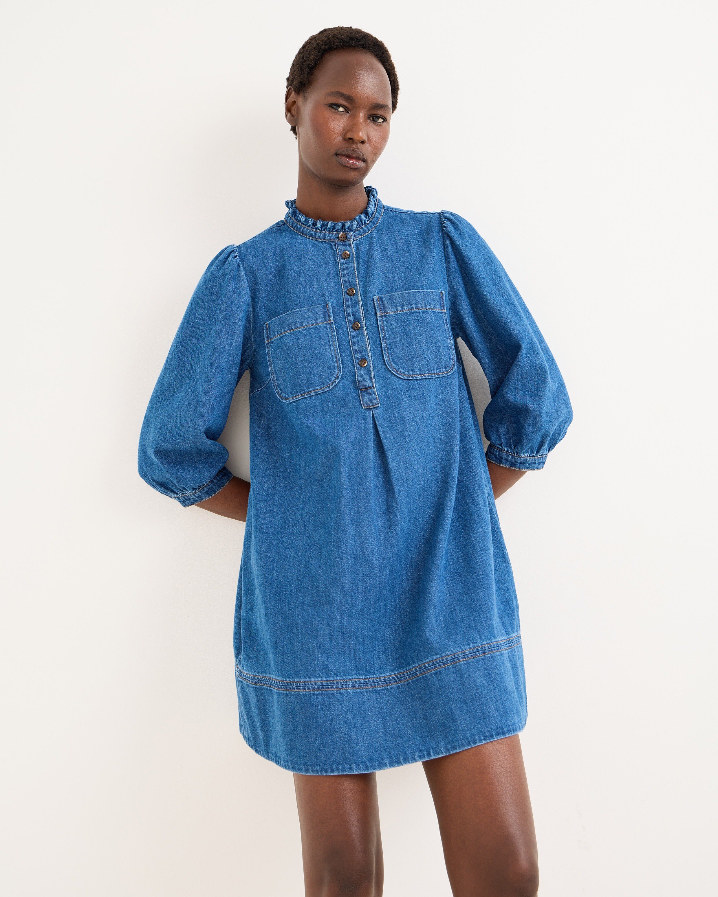 Dark Blue Frill Neck Denim Mini Dress | Oliver Bonas