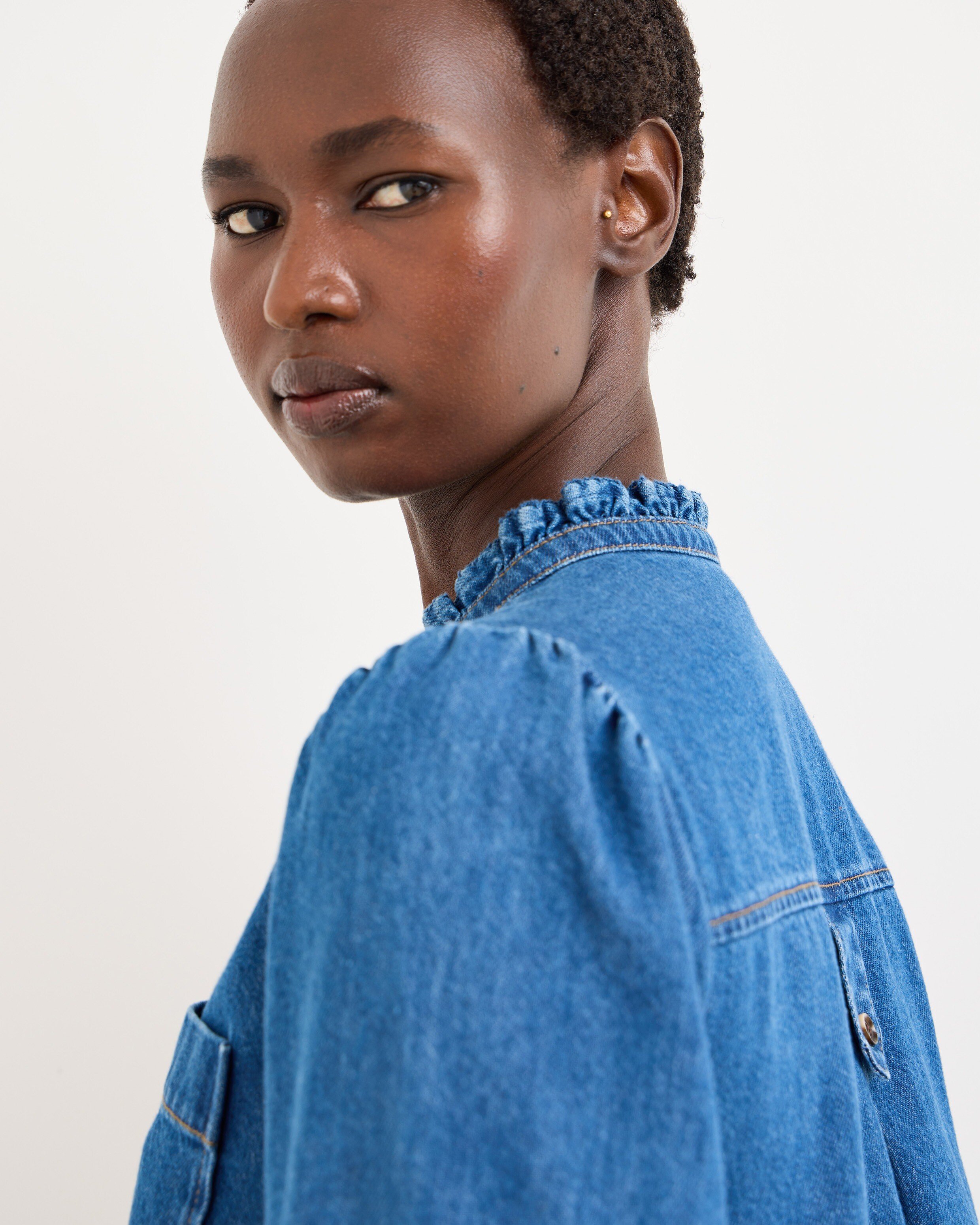 Dark Blue Frill Neck Denim Mini Dress | Oliver Bonas
