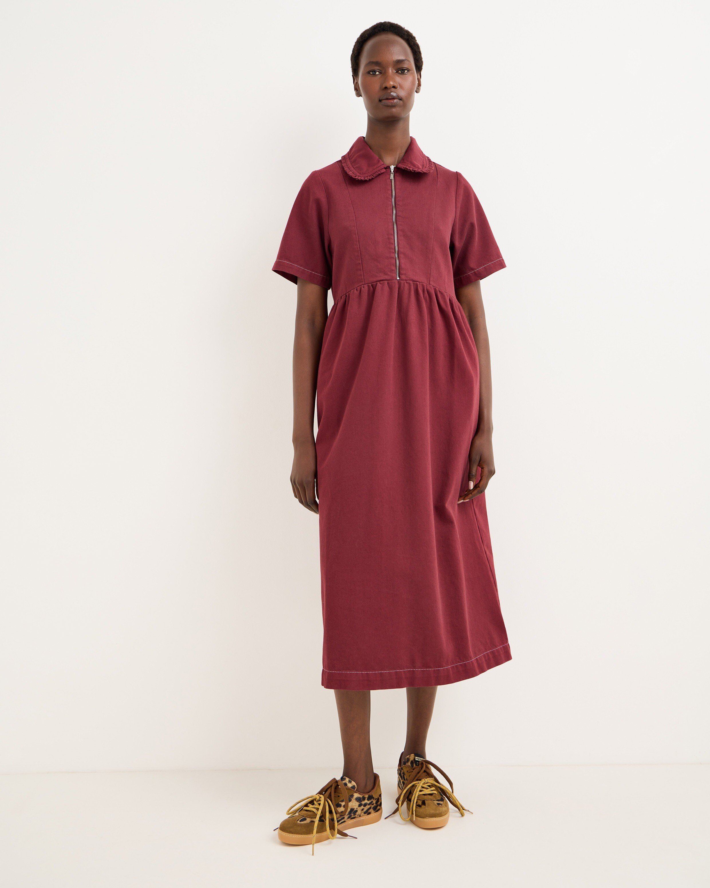 Berry Red Frill Collar Denim Midi Dress | Oliver Bonas IE
