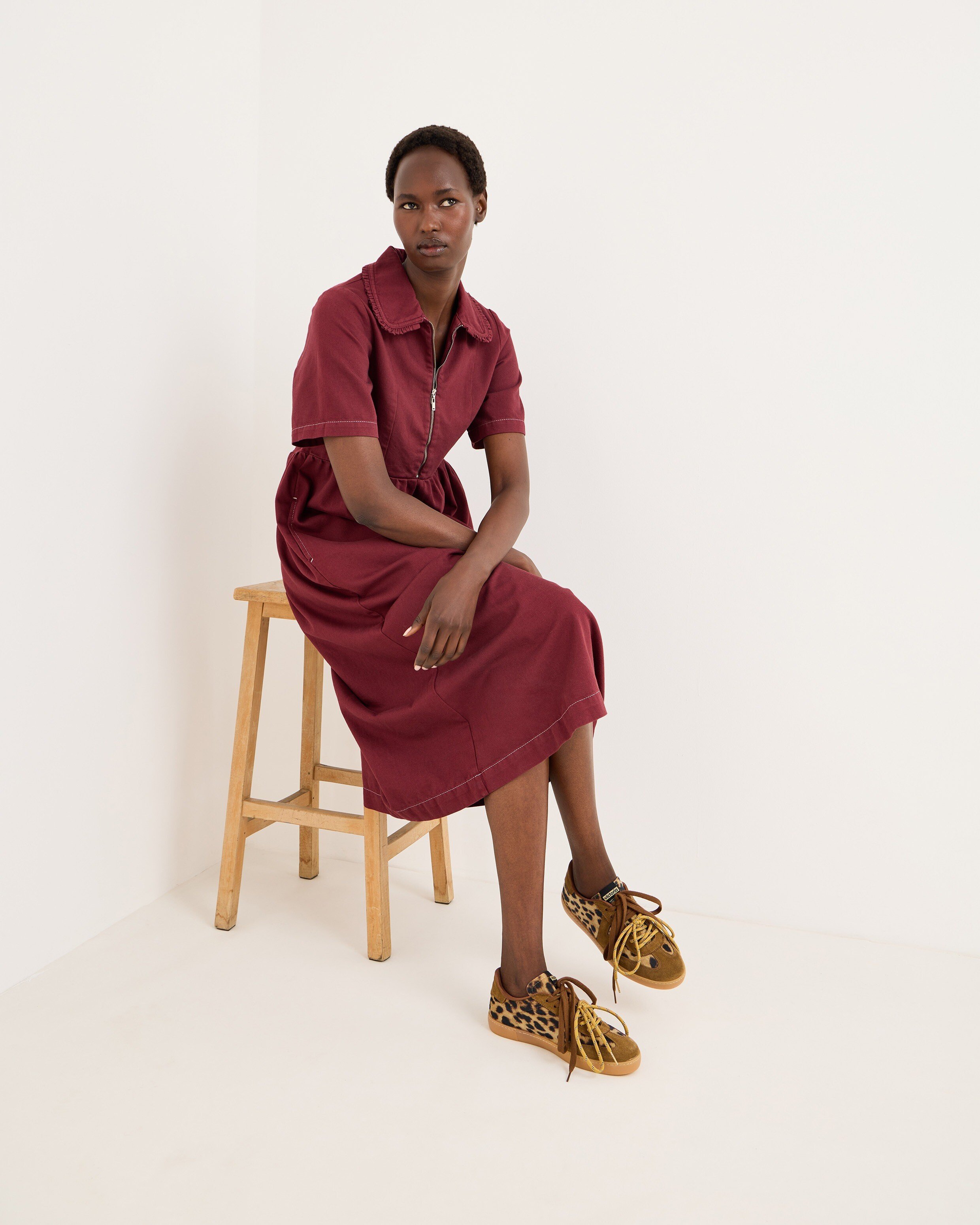 Berry Red Frill Collar Denim Midi Dress | Oliver Bonas IE
