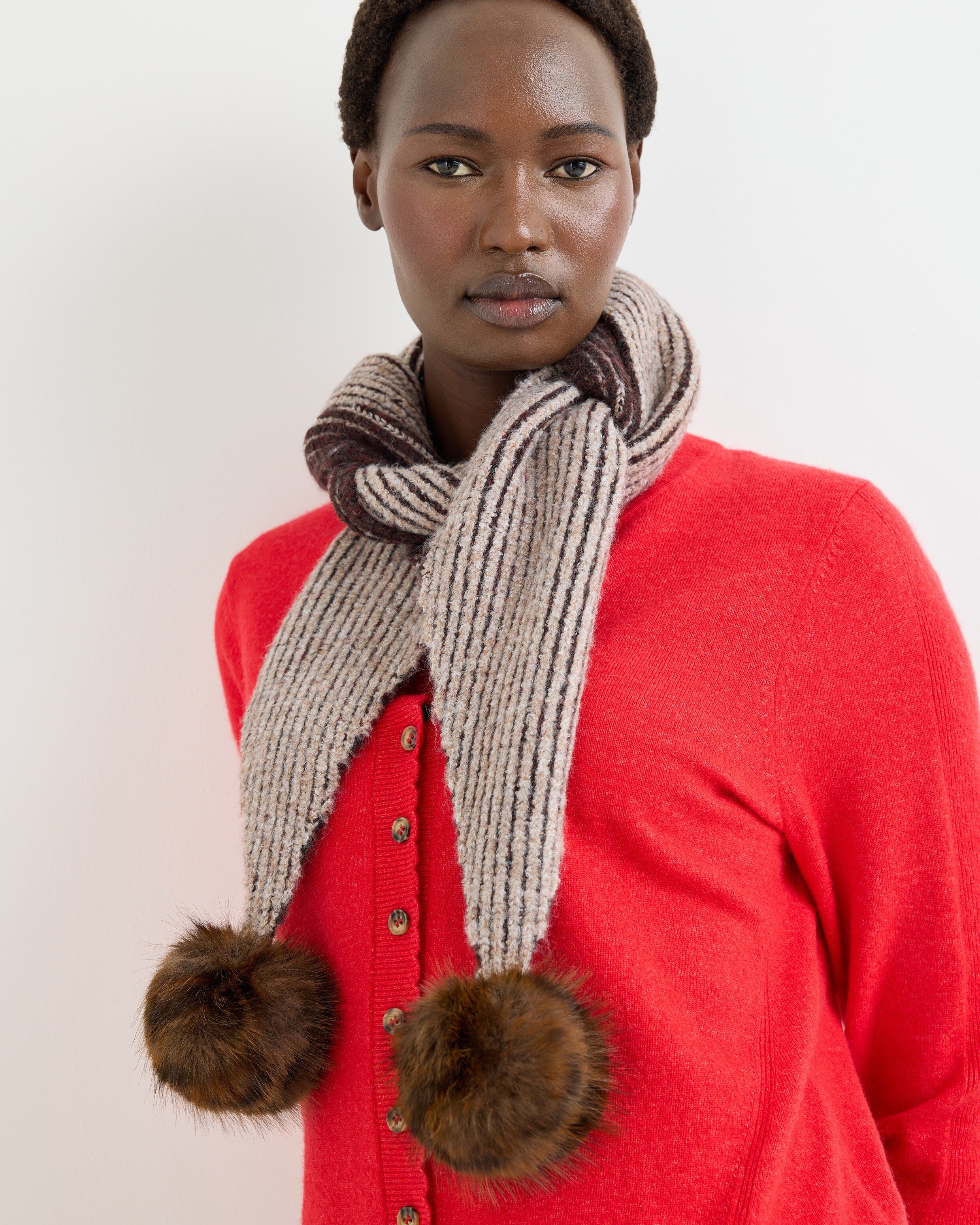 Brown Ribbed Pom Pom Knitted Scarf | Oliver Bonas