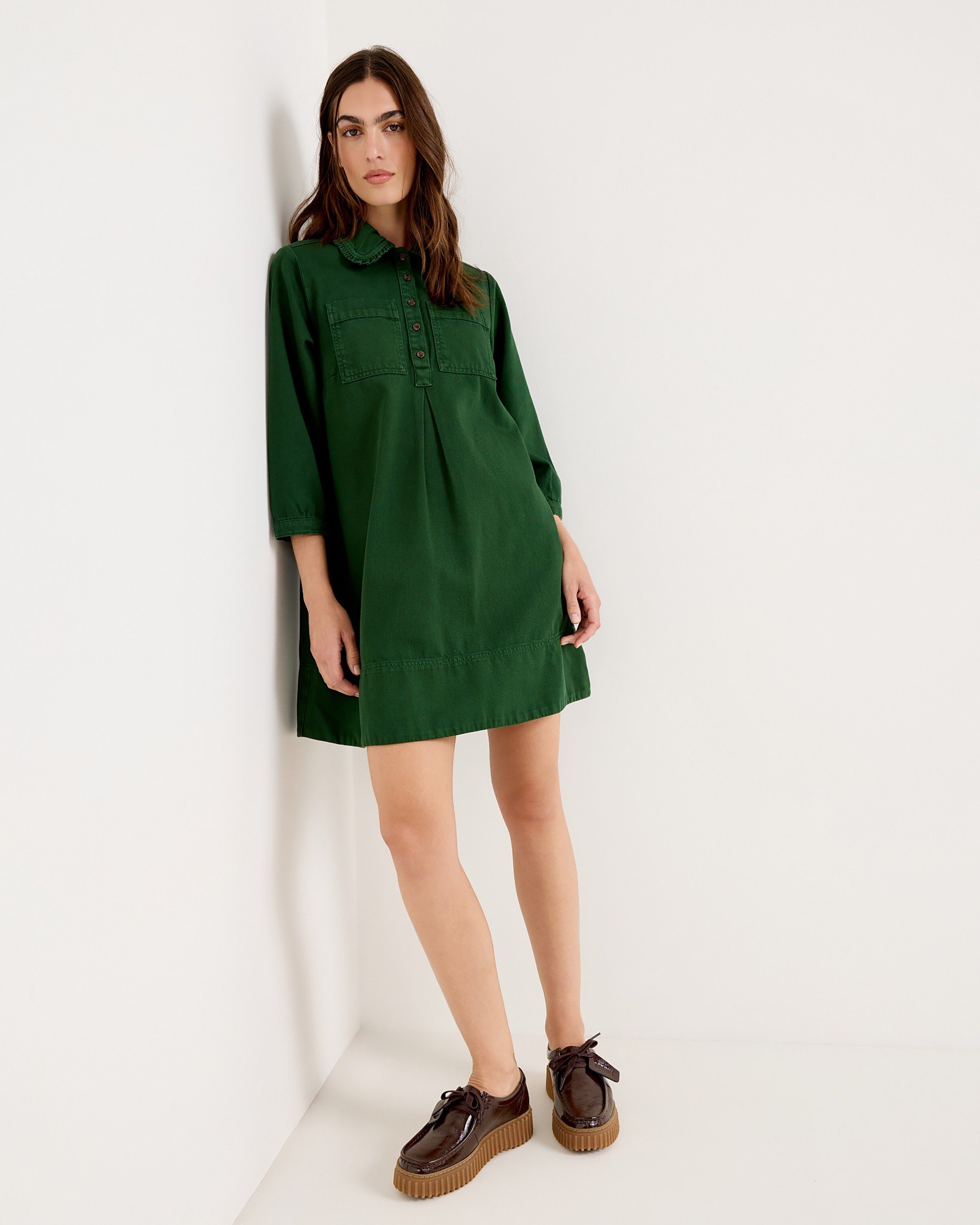 Dark Green Frill Collar Denim Mini Dress