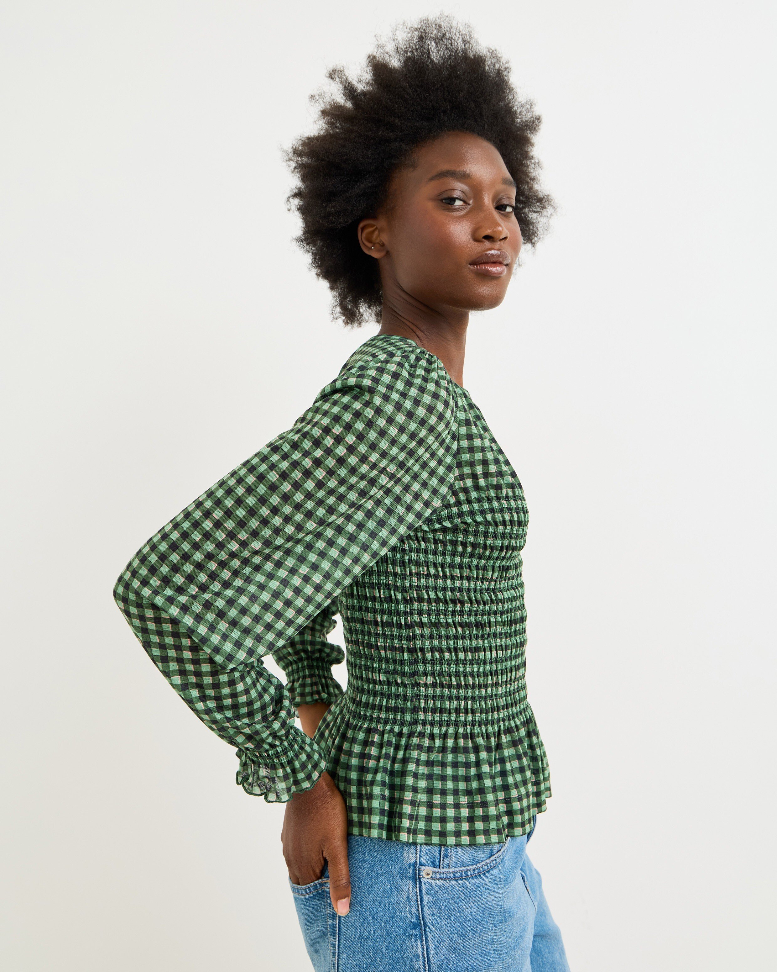 トップス POPPY GINGHAM ORGANZA SHIRRED TUNIC Green Gingham Shirred Mesh Long Sleeve Top | Oliver Bonas