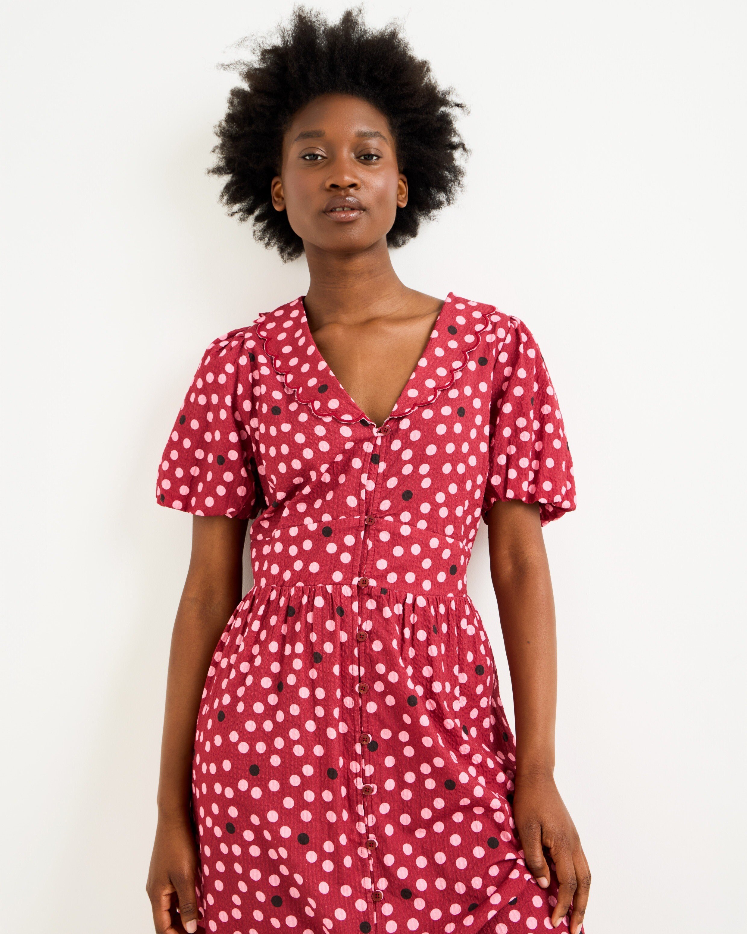 Burgundy & Light Pink Polka Dot Scalloped Collar Midi Dress