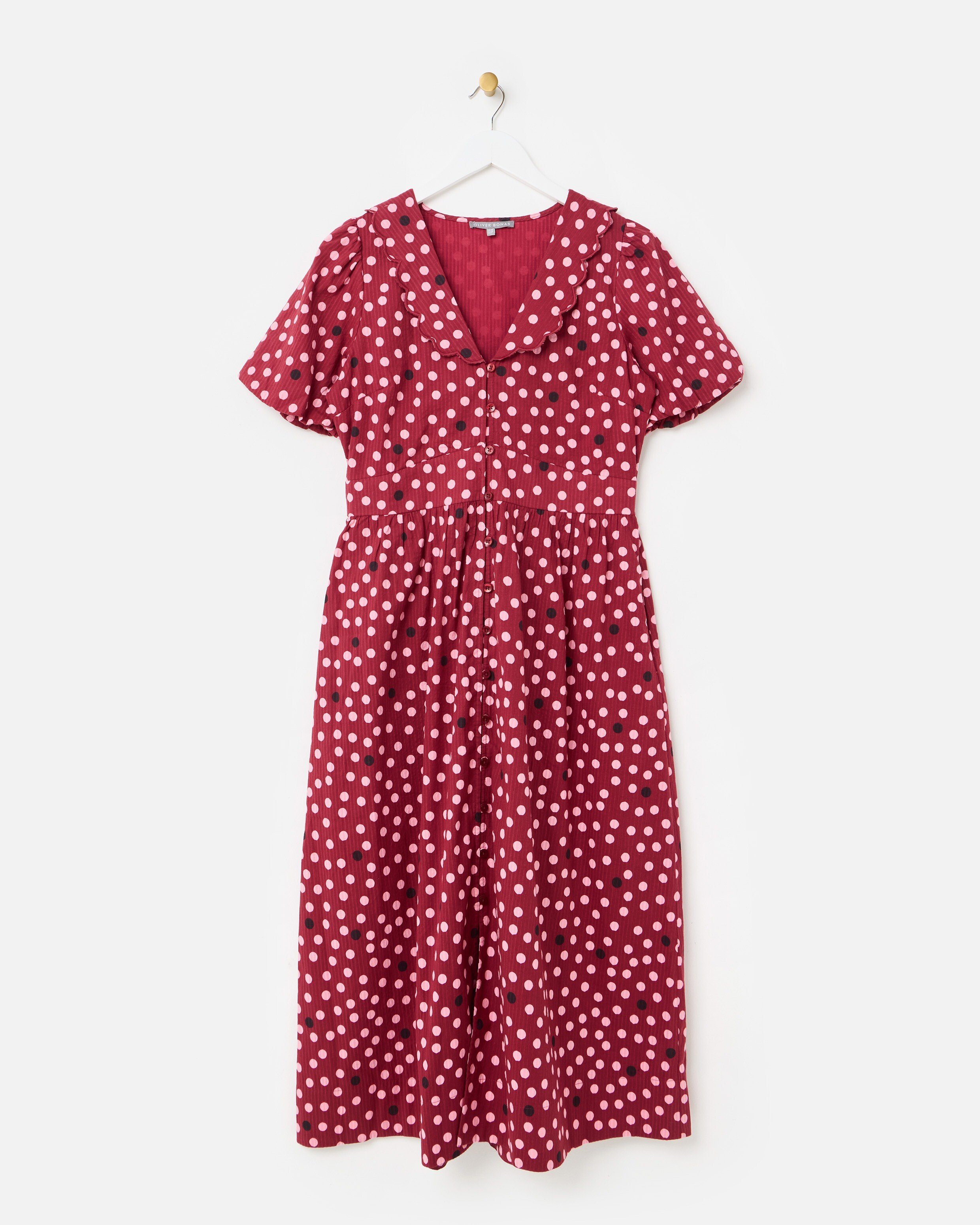 Burgundy & Light Pink Polka Dot Scalloped Collar Midi Dress