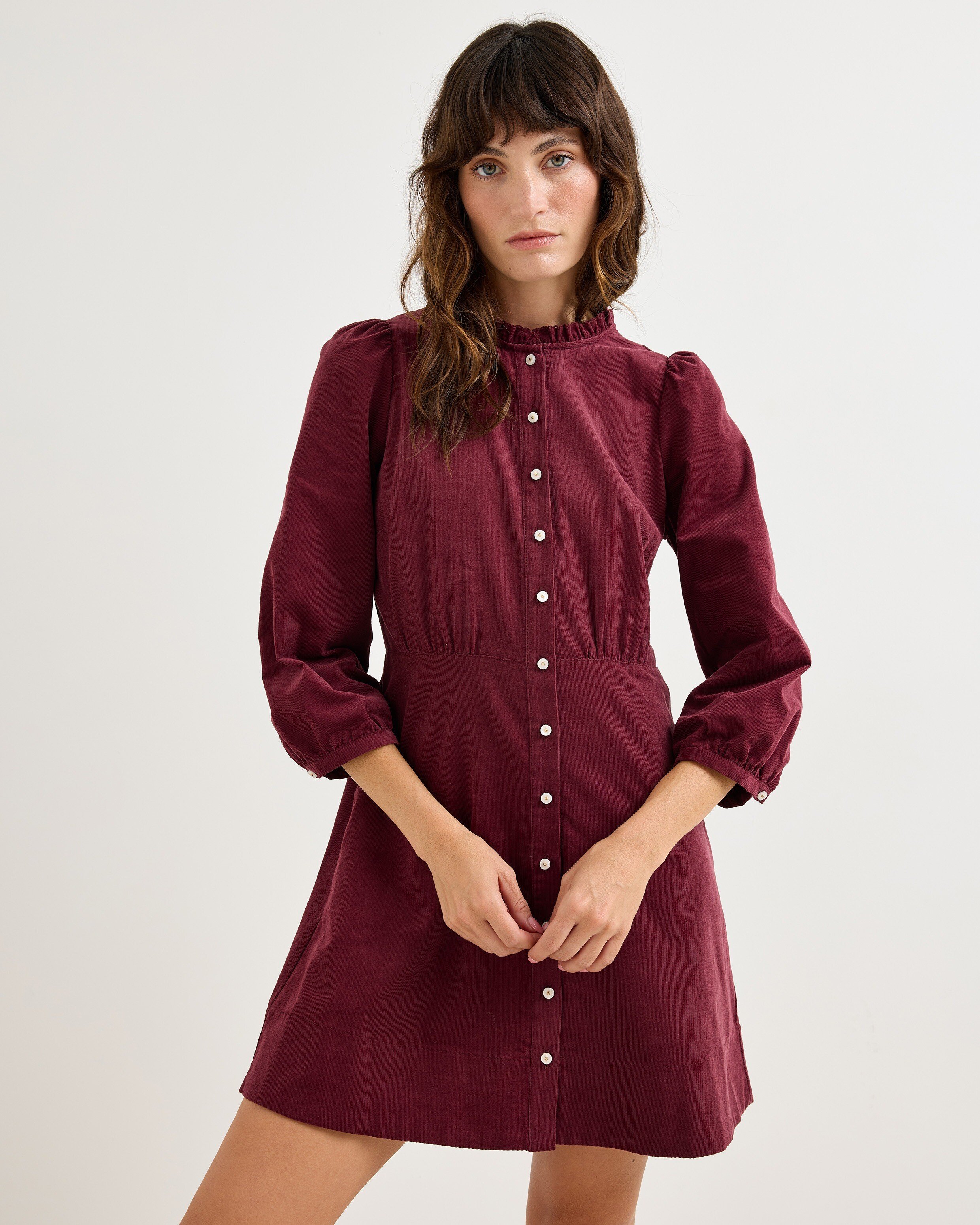 Berry Red Corduroy Frill Neck Mini Dress | Oliver Bonas