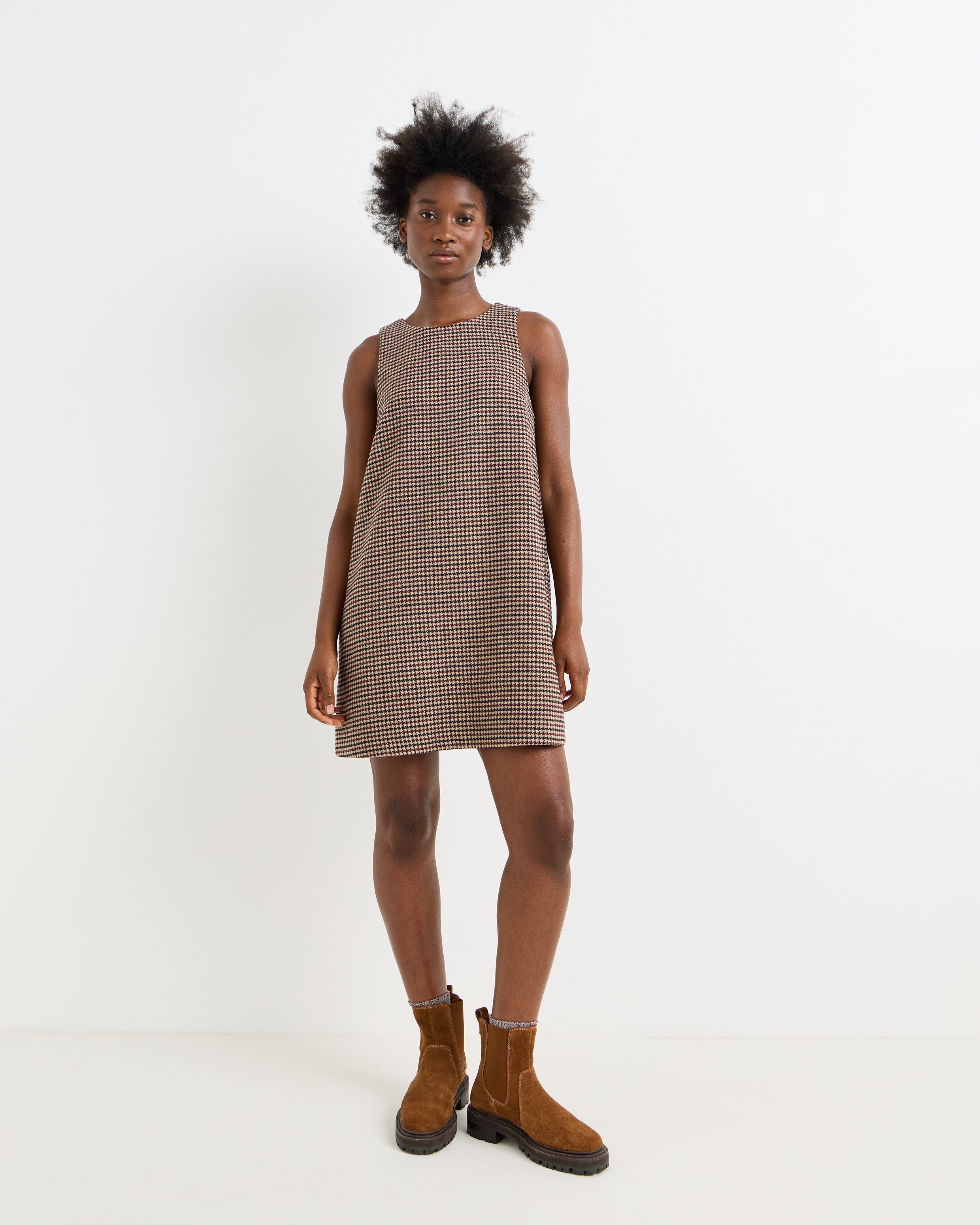 Brown Checked Mini Shift Dress | Oliver Bonas